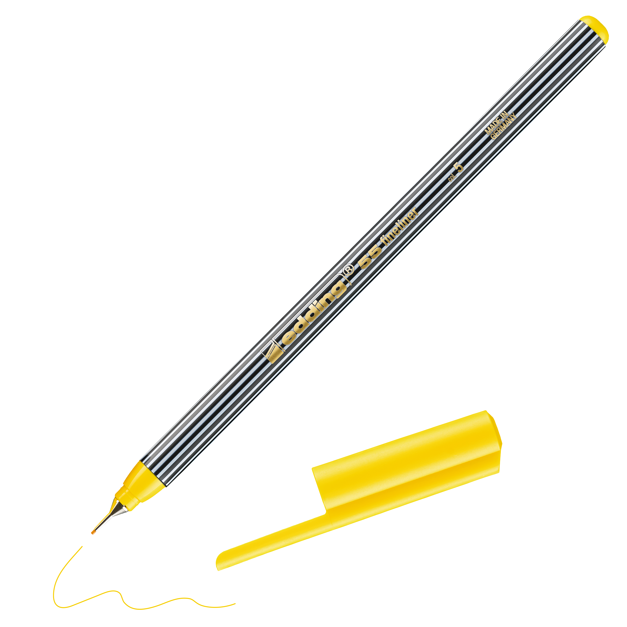 Ein edding 55 Fineliner mit gelber Kappe und schwarz-weiß gestreiftem Schaft liegt neben seiner Kappe und zeichnet eine wellenförmige gelbe Linie. Der edding 55 Fineliner-Schriftzug und „Made in Germany“ sind auf dem Schaft sichtbar.