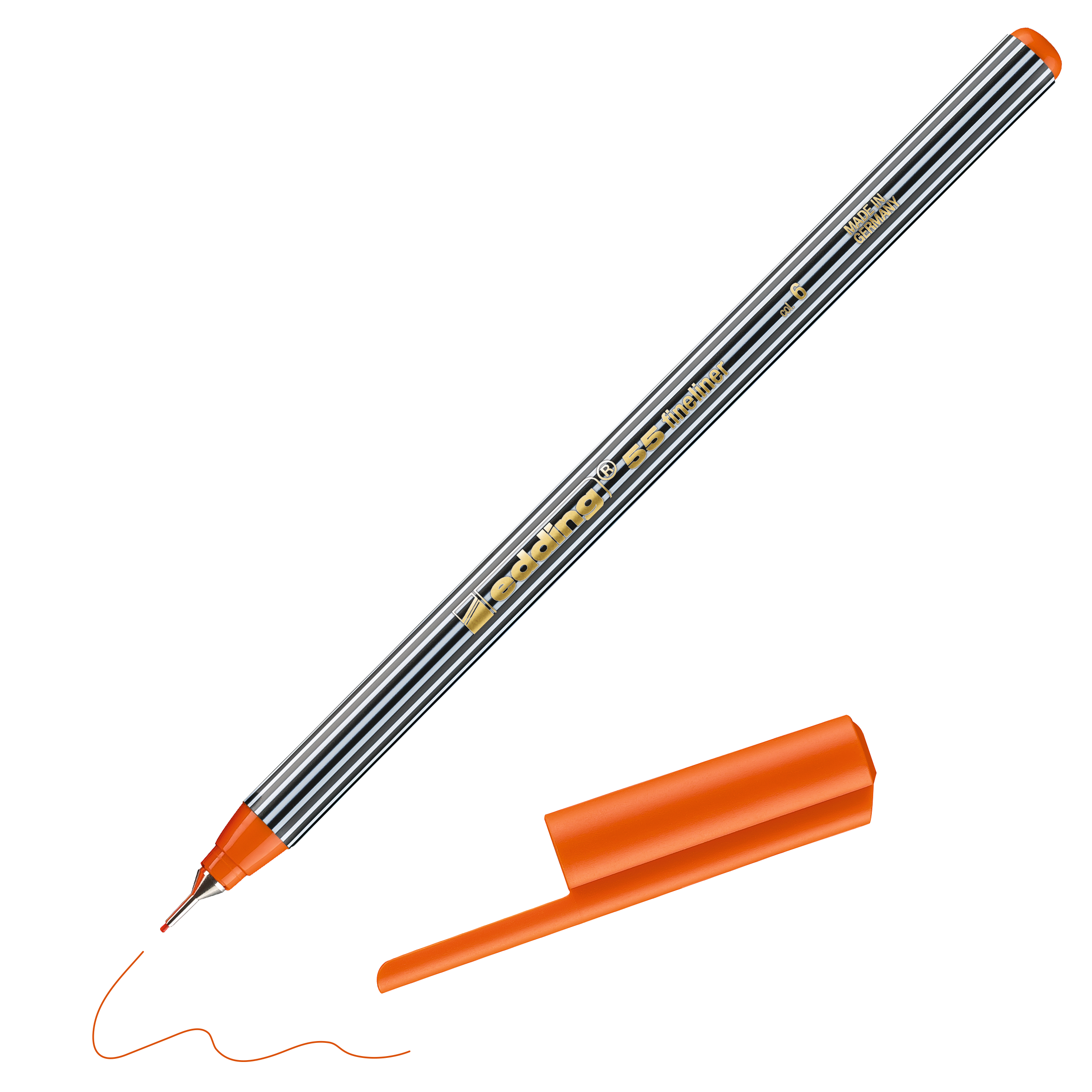 Ein orangefarbener edding 55 Fineliner von edding mit gestreiftem Schaft und der Aufschrift „Made in Germany“ ist ohne Kappe abgebildet und wird daneben platziert, während er eine orangefarbene Schlangenlinie zeichnet.