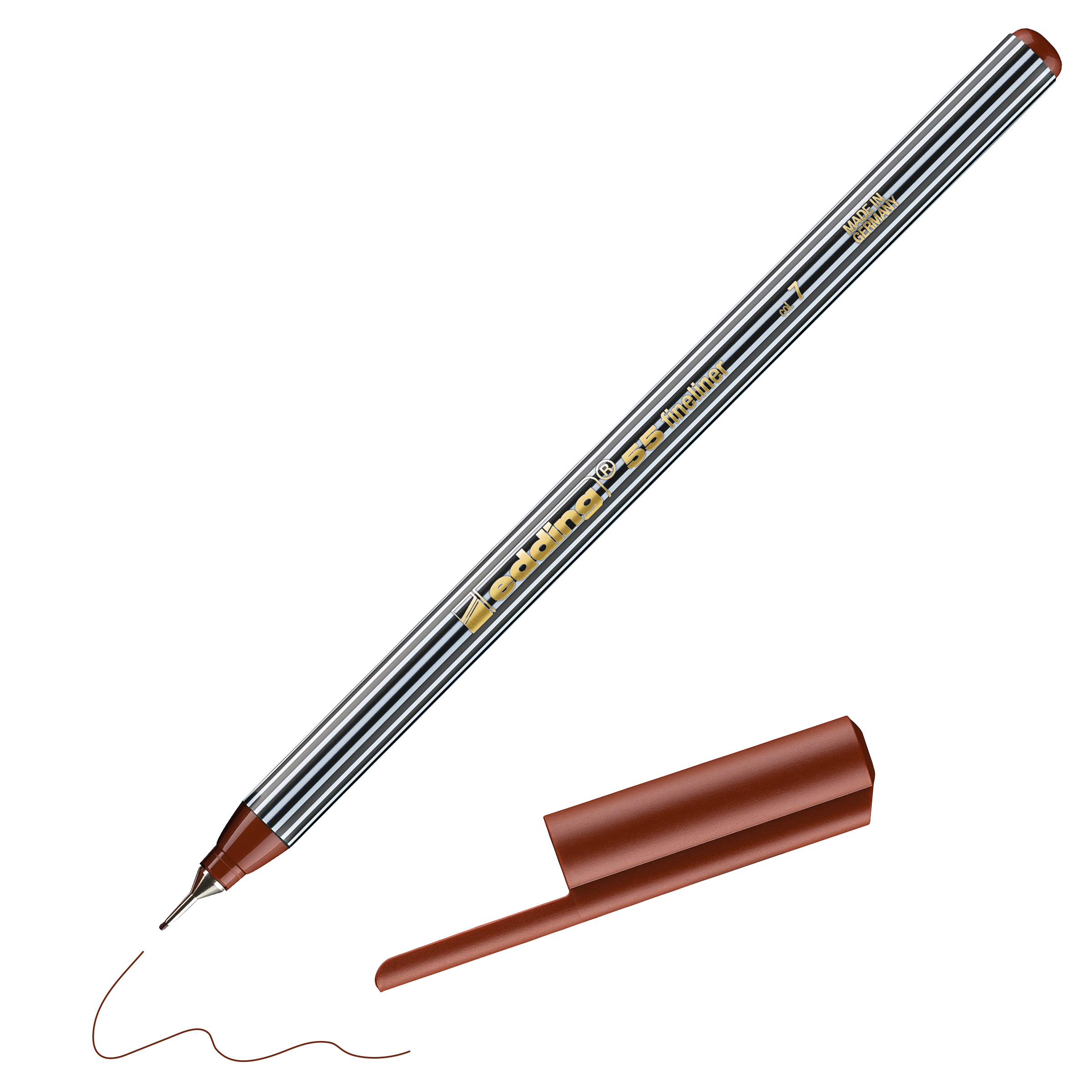 Ein brauner edding 55 Fineliner von edding, Made in Germany, liegt diagonal mit der Kappe daneben und zeigt eine feine braune Linie von seiner 0,3 mm Spitze und einen gestreiften Schaft mit der Aufschrift „edding 55 fine 0,3 mm“.