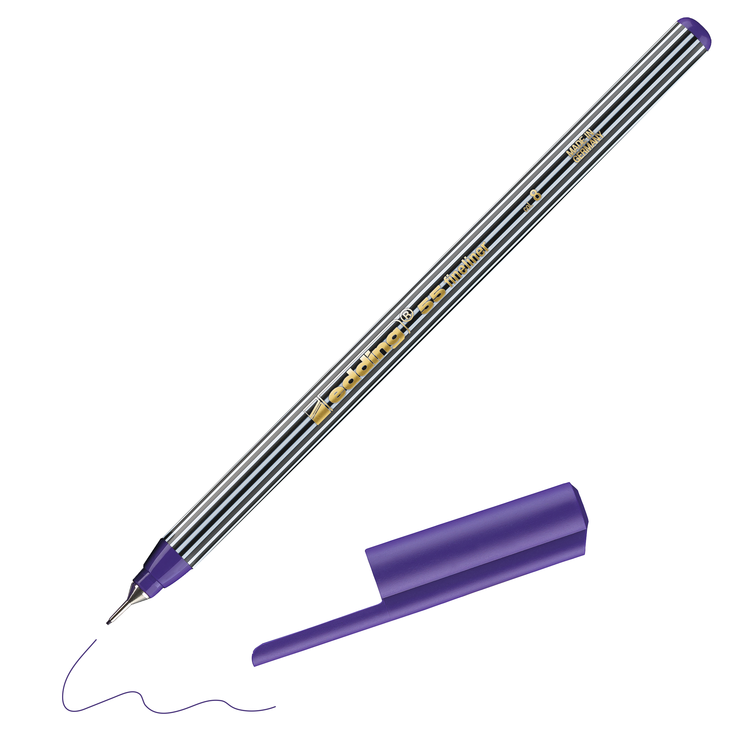 Ein edding 55 Fineliner von edding mit violetter Kappe liegt neben einer violetten Wellenlinie. Der Schaft ist mit kräftigen schwarz-weißen Streifen, gelbem Text und dem Schriftzug „Made in Germany“ versehen.