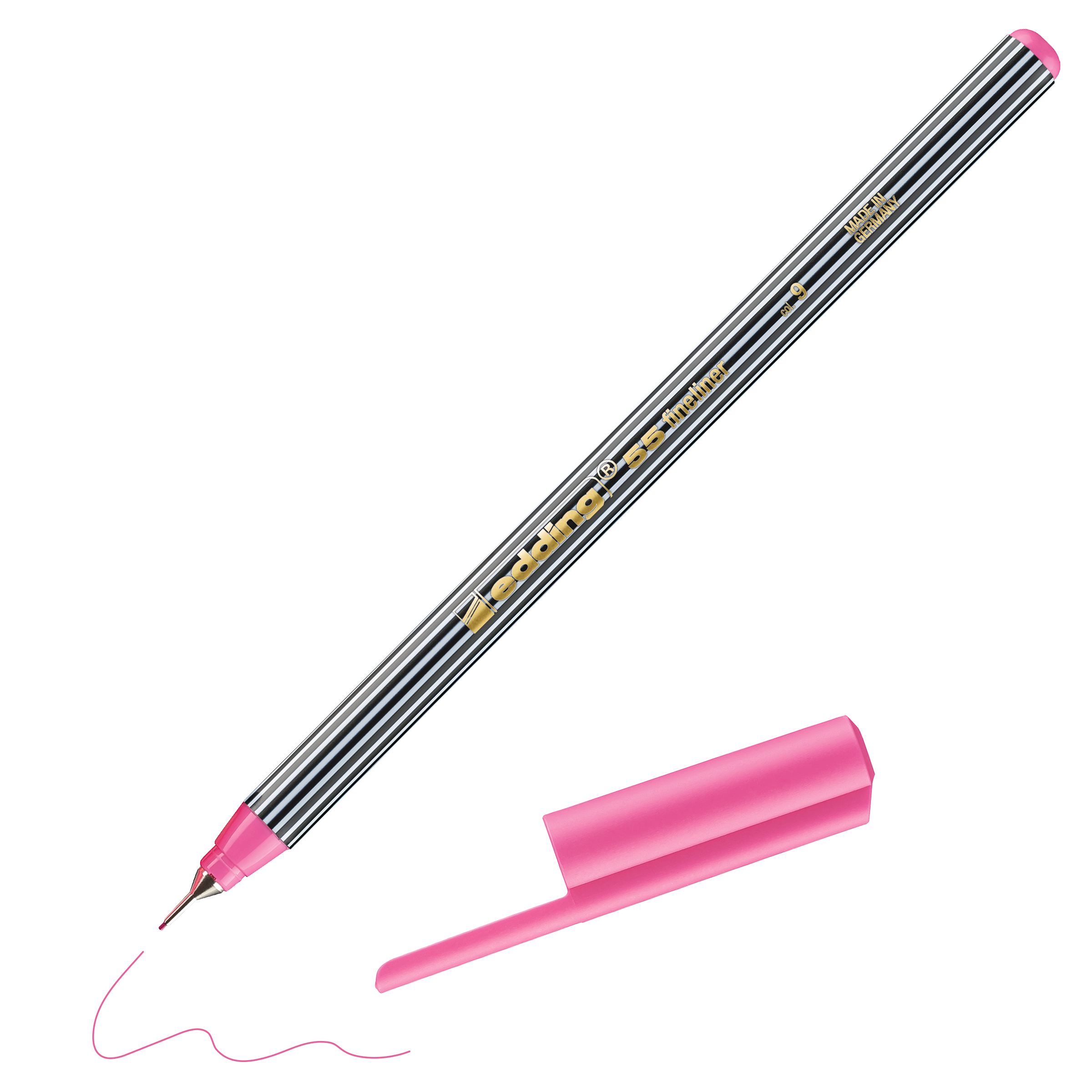 Ein edding 55 Fineliner mit gestreiftem Schaft liegt ohne Kappe neben seiner Kappe, nachdem er eine kurze, wellenförmige rosa Linie gezogen hat. Der in Deutschland hergestellte edding Stift bietet zuverlässige Qualität und leuchtende Farben.