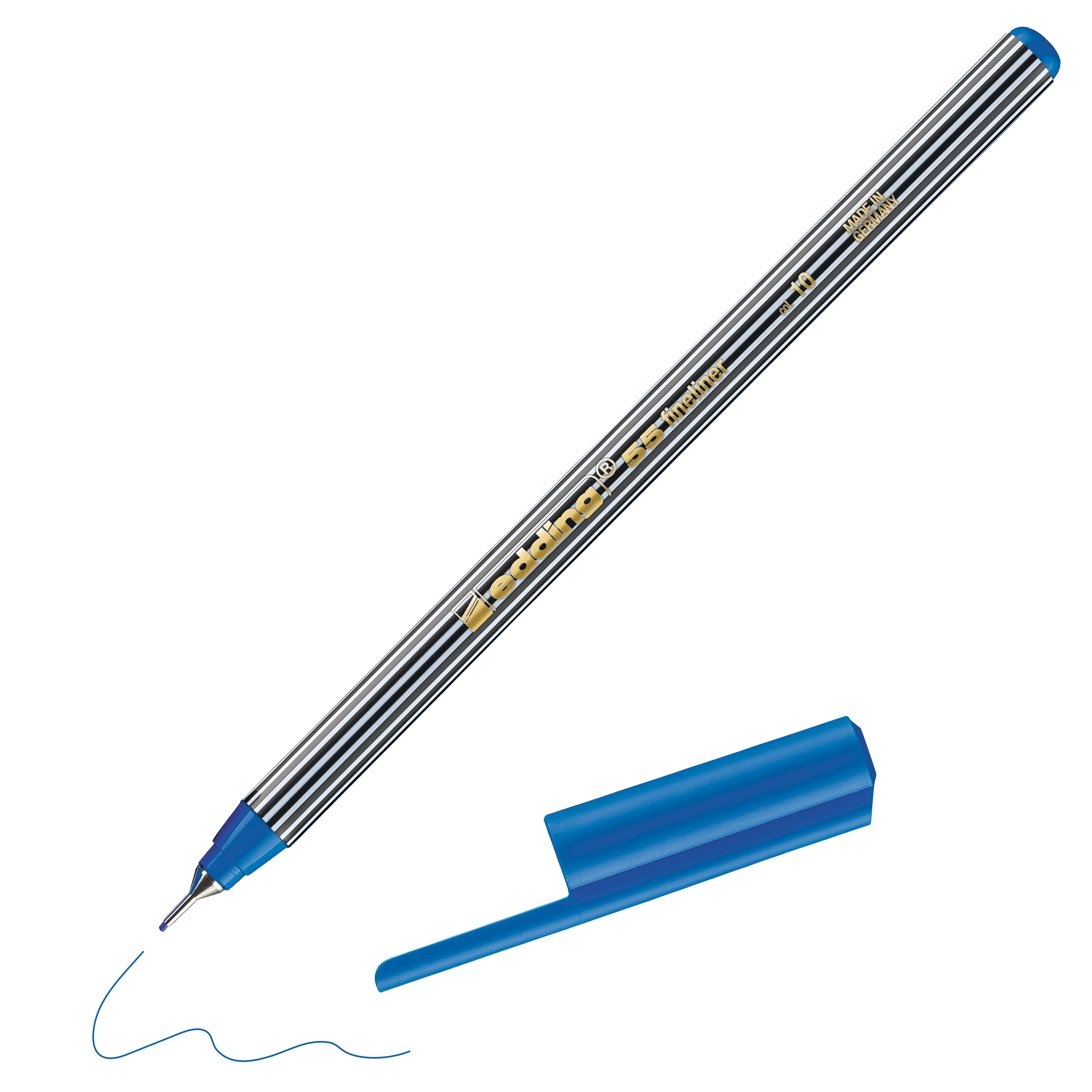Ein edding 55 Fineliner von edding mit silbernen Streifen und abgenommener blauer Kappe liegt diagonal, von dessen Spitze eine blaue Wellenlinie ausgeht. Der Stift trägt die Aufschrift „Made in Germany“.