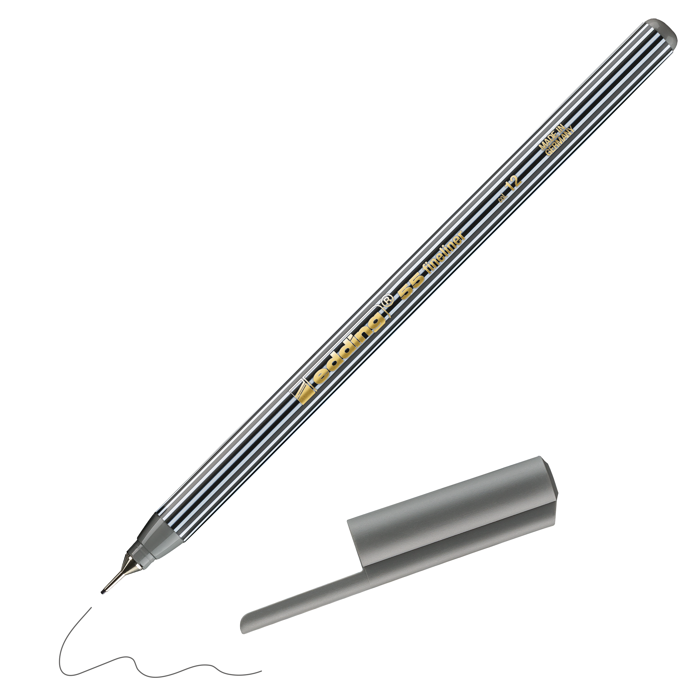 Der edding 55 Fineliner von edding besticht durch sein gestreiftes schwarzes Gehäuse, das ohne Kappe, mit danebenliegender Kappe und einer schwarzen Wellenlinie von der Spitze aus abgebildet ist. Hergestellt in Deutschland für präzises, gleichmäßiges Schreiben.