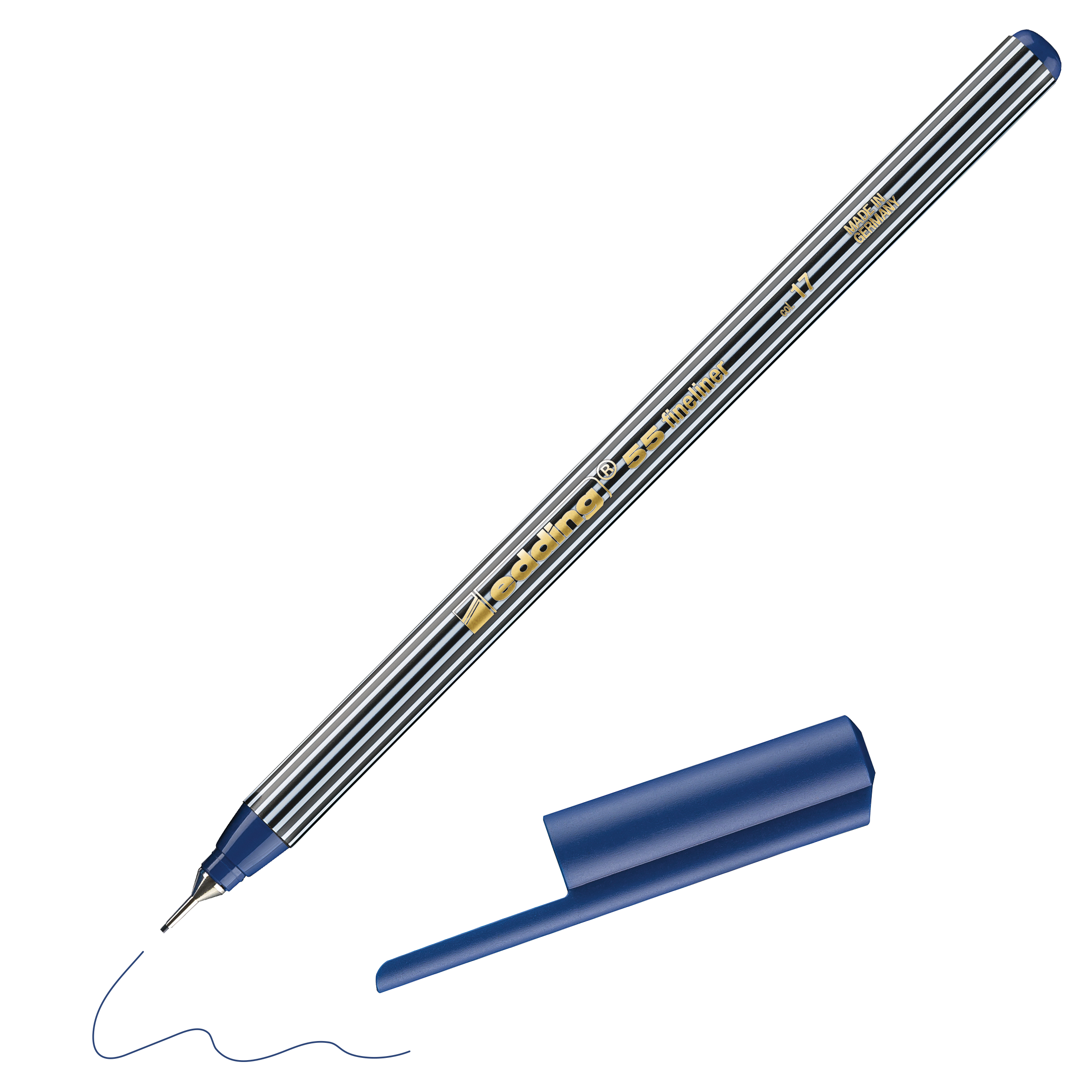 Ein blauer edding 55 Fineliner von edding mit gestreiftem silber-blauem Schaft und hergestellt in Deutschland, ruht neben seiner blauen Kappe und erzeugt eine feine blaue Linie.