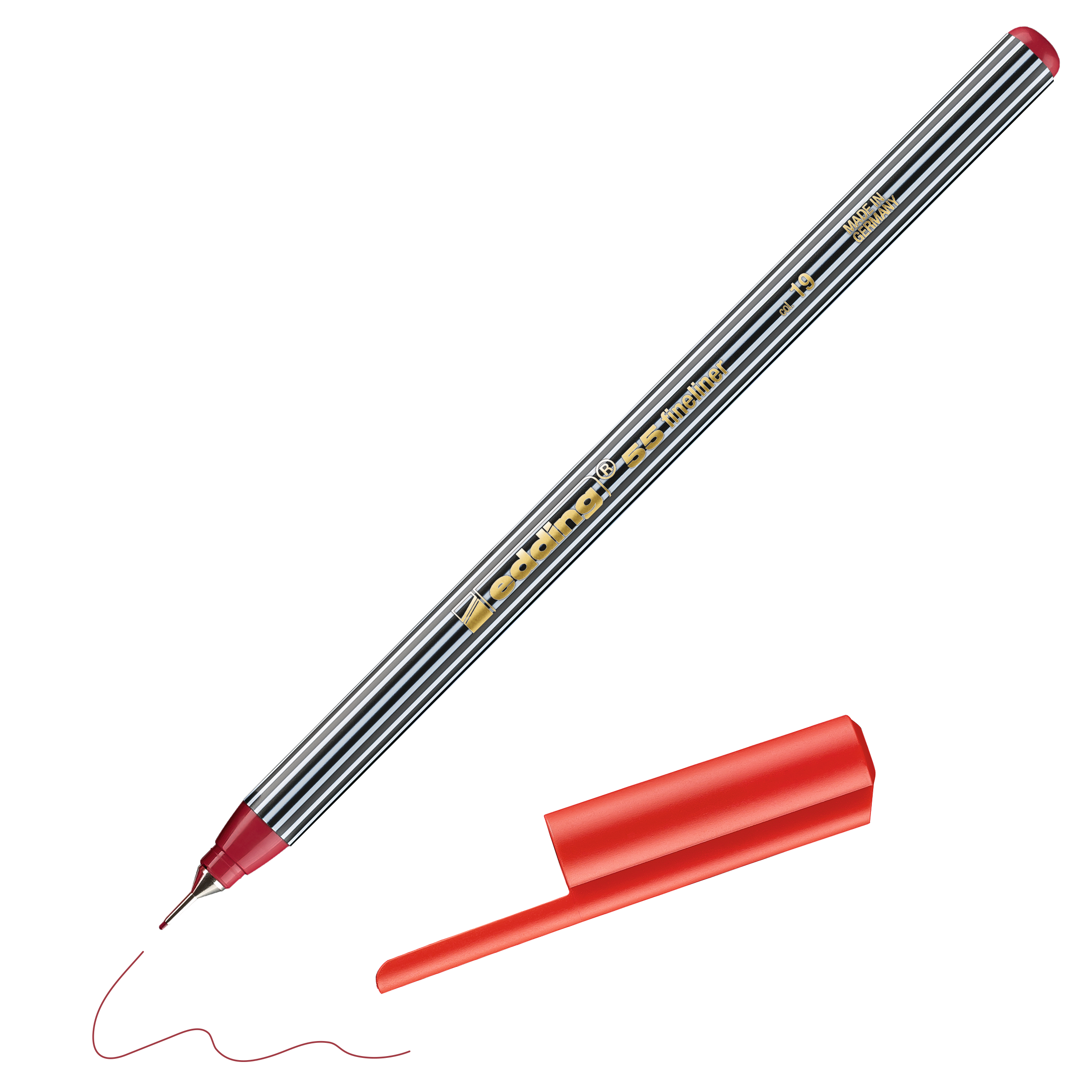 Ein schwarz-weiß gestreifter edding 55 Fineliner von edding, dessen rote Kappe abgenommen ist, liegt neben einer leuchtend roten Schlangenlinie, die von seiner Spitze aus gezogen ist.