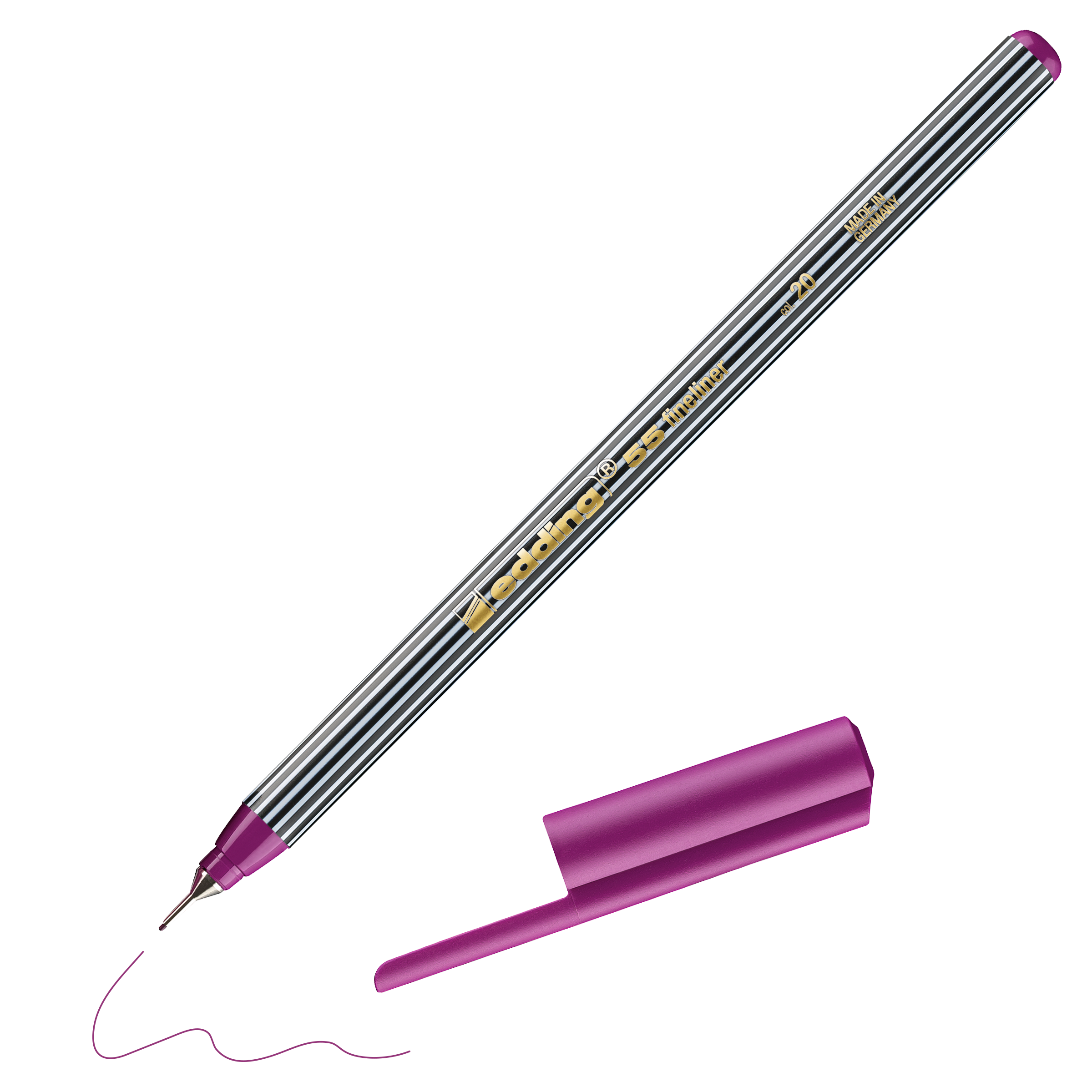 Der edding 55 Fineliner von edding, hergestellt in Deutschland, hat eine violette Filzspitze und einen grau-schwarz gestreiften Schaft. Seine violette Kappe ist nah dran, da er eine kurze, violette Wellenlinie zeichnet.