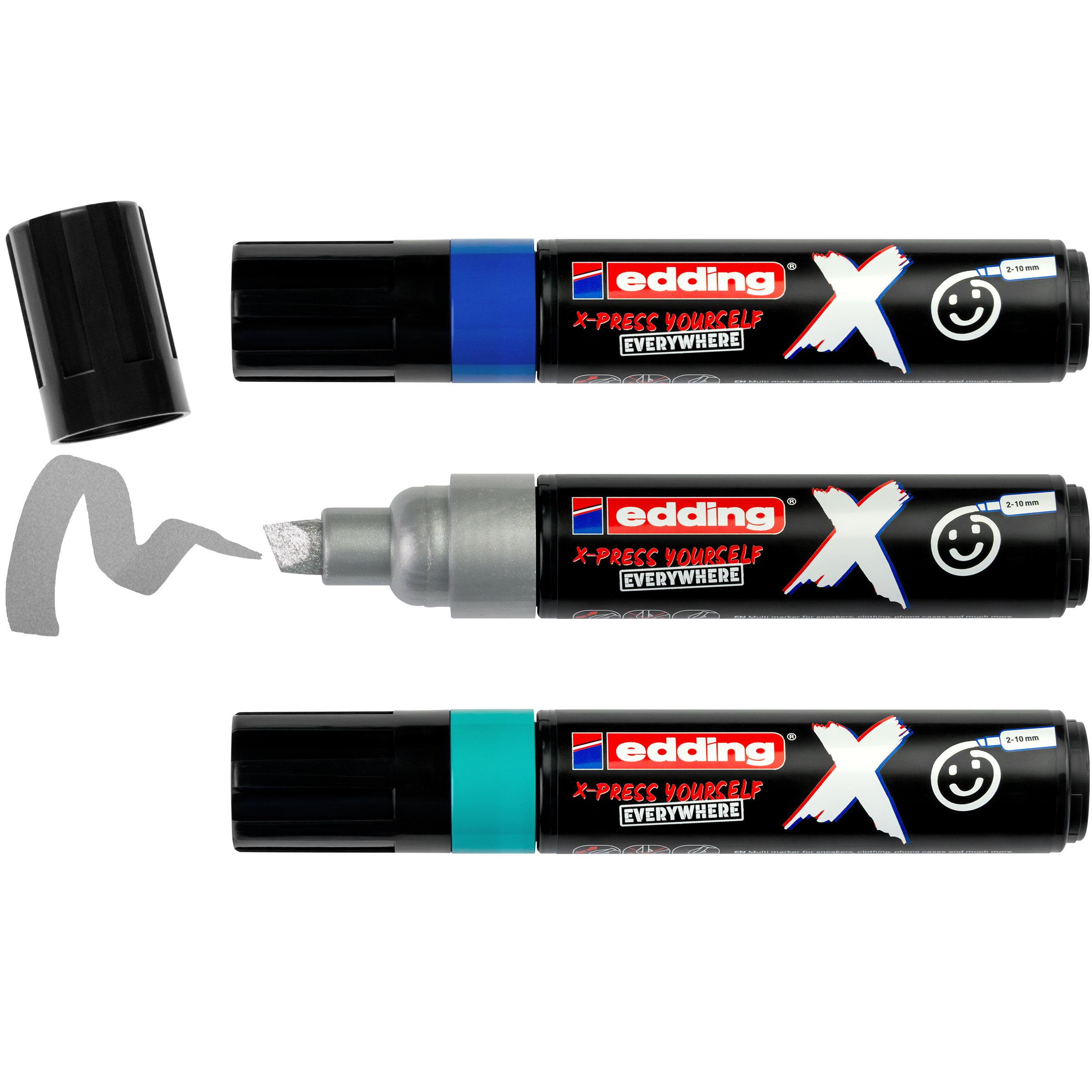 edding 6900 X Multimarker Ocean Color 3er-Set in Blau, Türkis, Silber mit offener Kappe und einem gemaltem Strich