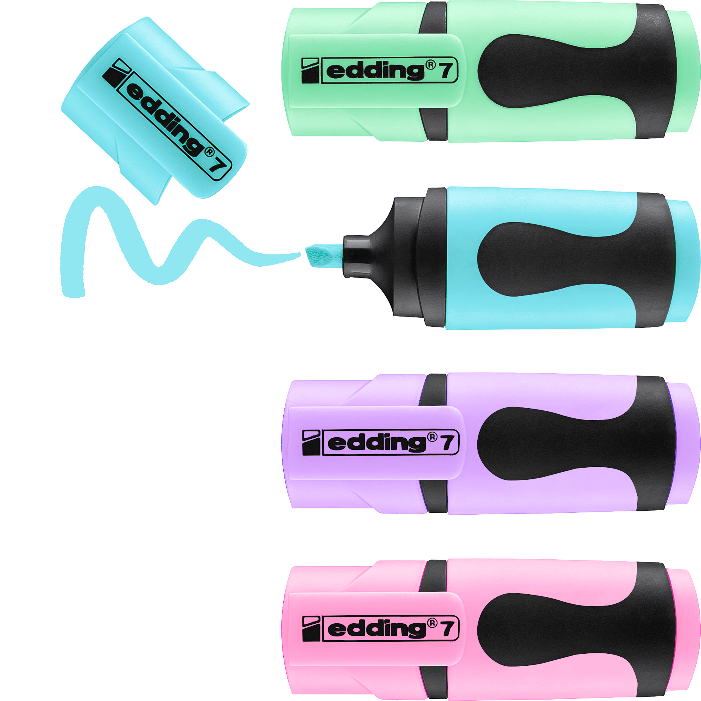 Das edding 7 Mini Textmarker 4er-Set von edding enthält vier Textmarker ohne Kappe in Blau, Lila und Pink sowie einen offenen blauen Marker mit leuchtender Wellenlinie. Alle Stifte haben schwarze Akzente und sind mit dem Schriftzug „edding 7“ versehen.