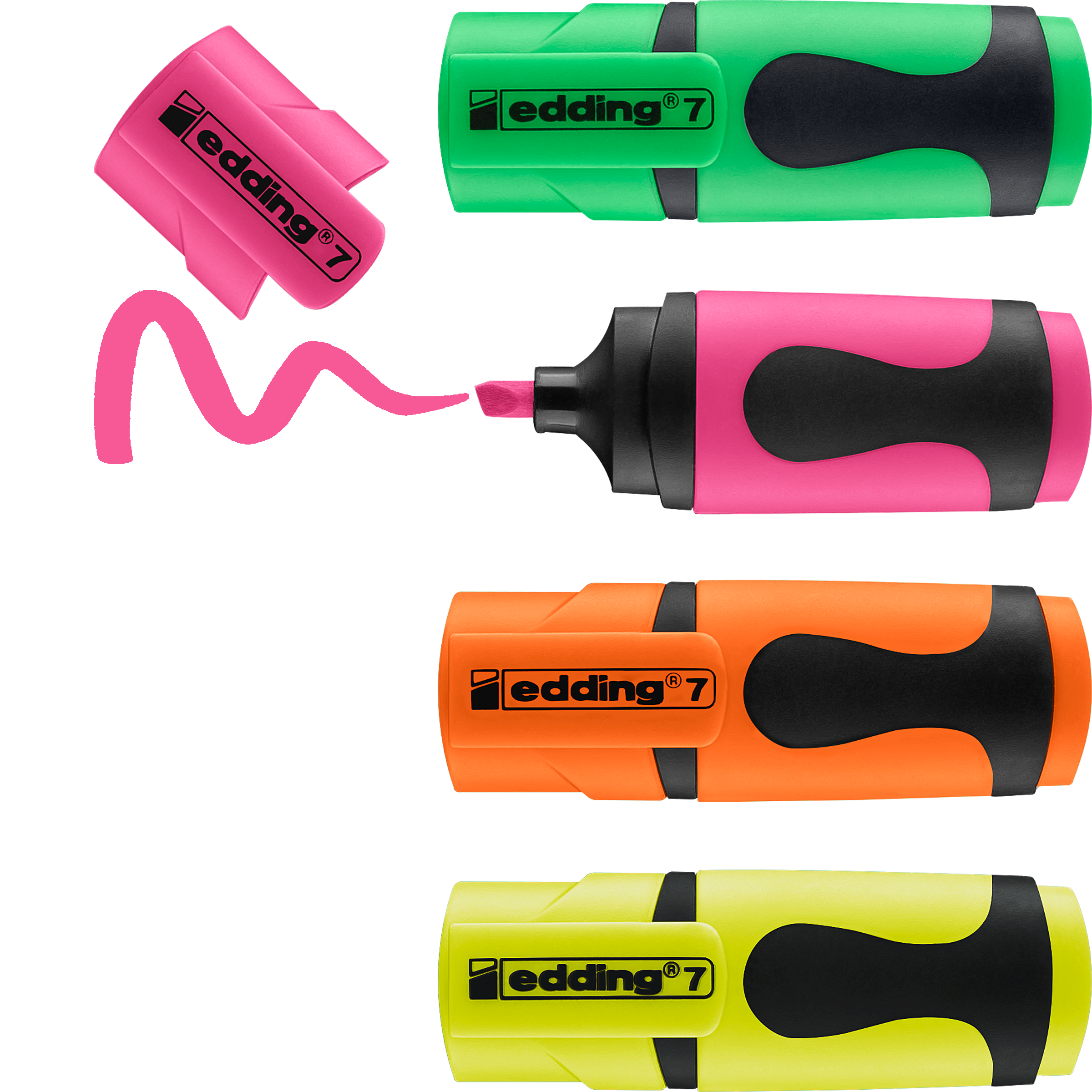 Das edding 7 Mini Textmarker 4er-Set von edding enthält grüne, pinke (ohne Kappe und mit pinker Linie), orangefarbene und gelbe Textmarker auf weißem Untergrund. Die leuchtende Tinte sorgt für lebendiges Markieren. Die pinke Kappe befindet sich über dem Stift.