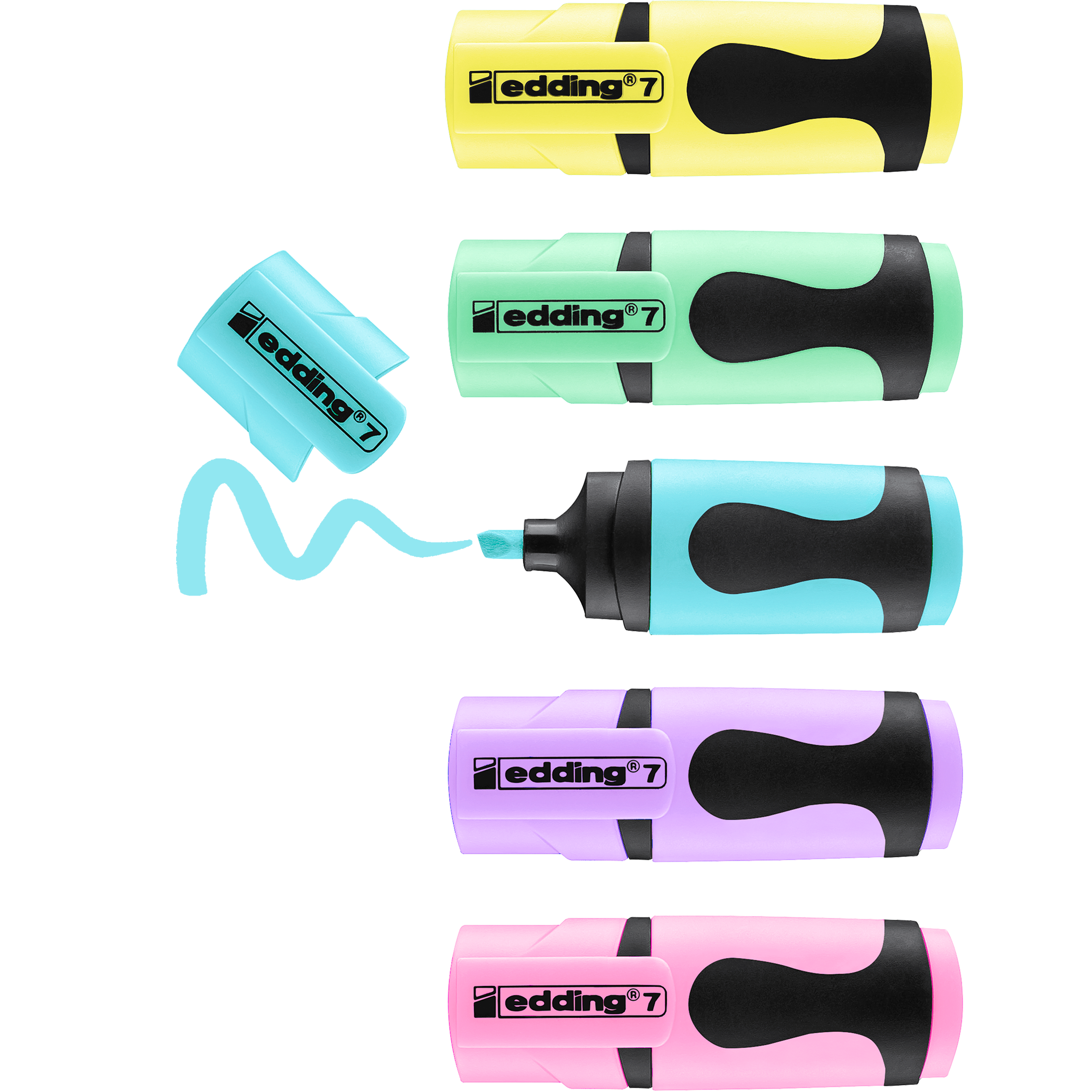 Vier edding 7 Mini Textmarker aus dem edding 5er-Set in Gelb, Grün, Blau und Lila sind nebeneinander angeordnet. Der blaue Textmarker ohne Kappe weist zwischen Kappe und Stift eine blaue Wellenlinie auf.