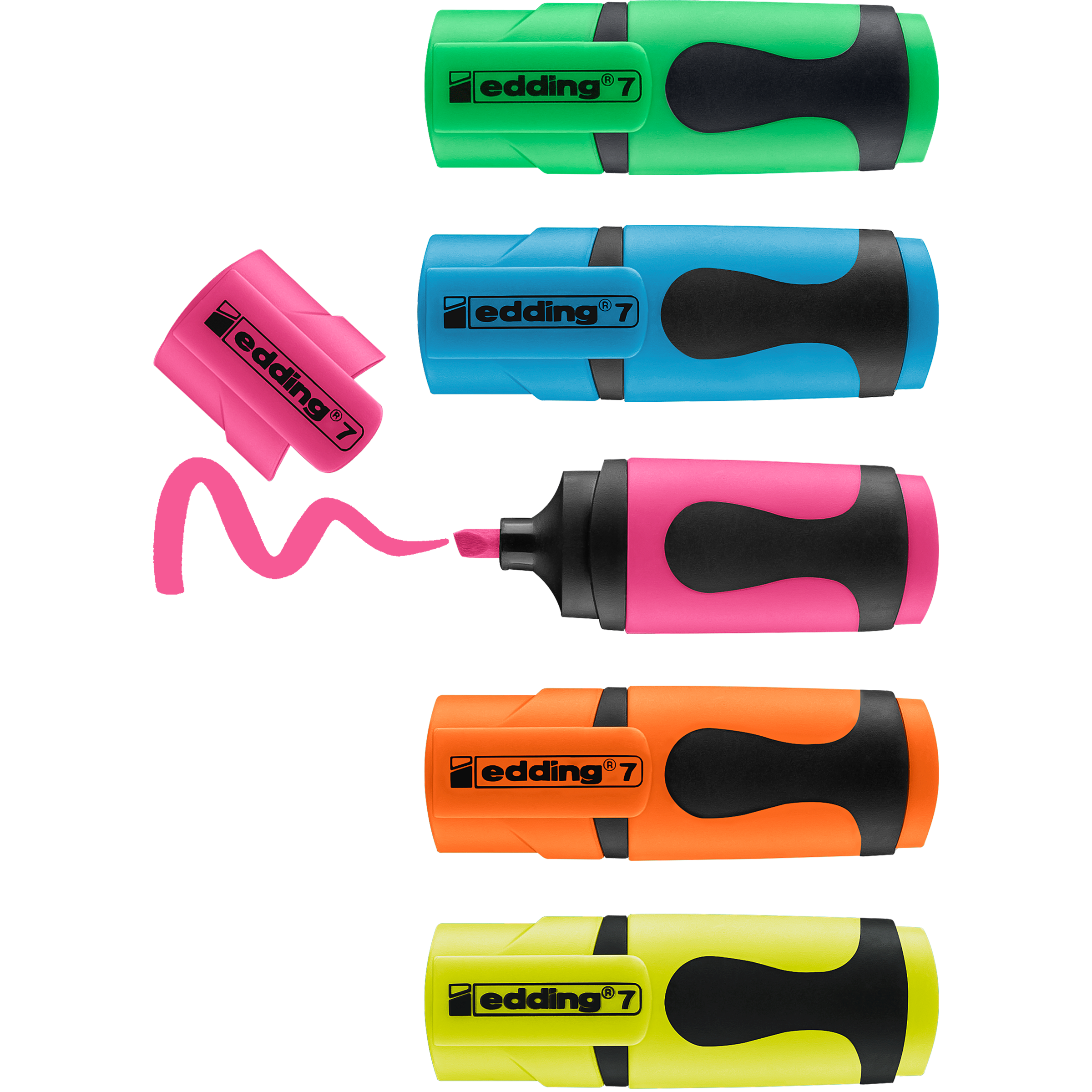 Fünf Textmarker edding 7 Mini Textmarker von edding in Grün, Blau, Pink, Orange und Gelb stehen in einer Reihe; der rosafarbene hat keine Kappe und zeichnet eine Wellenlinie, während die anderen ihre Kappen behalten.