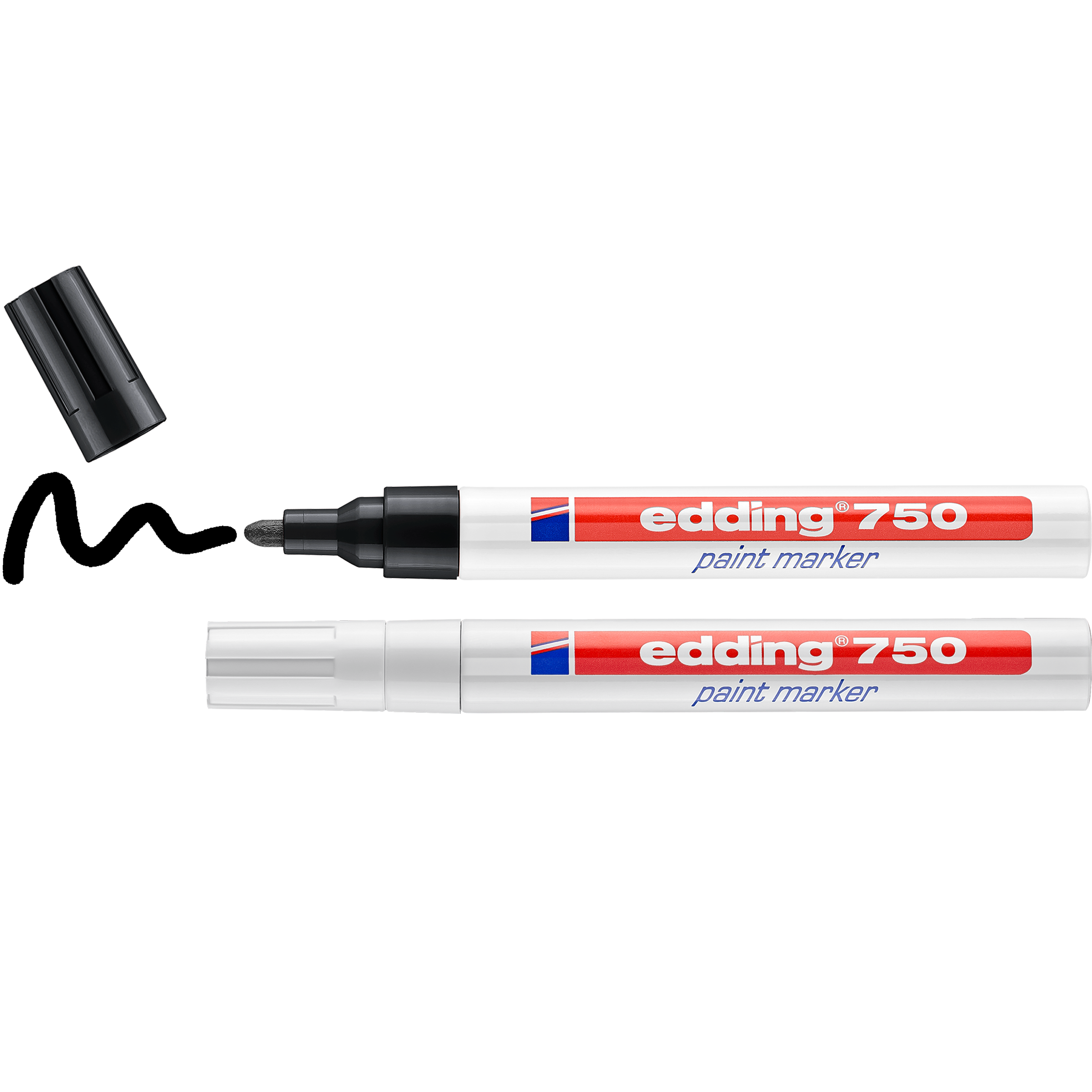 Das edding 750 Lackmarker 2er-Set von edding enthält zwei weiße Marker mit roter Beschriftung – einen mit Kappe und einen ohne Kappe, sodass die schwarze Spitze sichtbar ist. Sie verfügen über eine hochpermanente Tinte und sind hitzebeständig.
