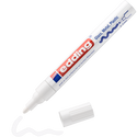 Ein edding 750 Glanzlackmarker von edding, ohne Kappe, sodass die weiße Spitze sichtbar ist. Mit der Beschriftung für Glas, Metall und Kunststoff und einer weißen Wellenlinie daneben – ideal für Hochglanzeffekte.