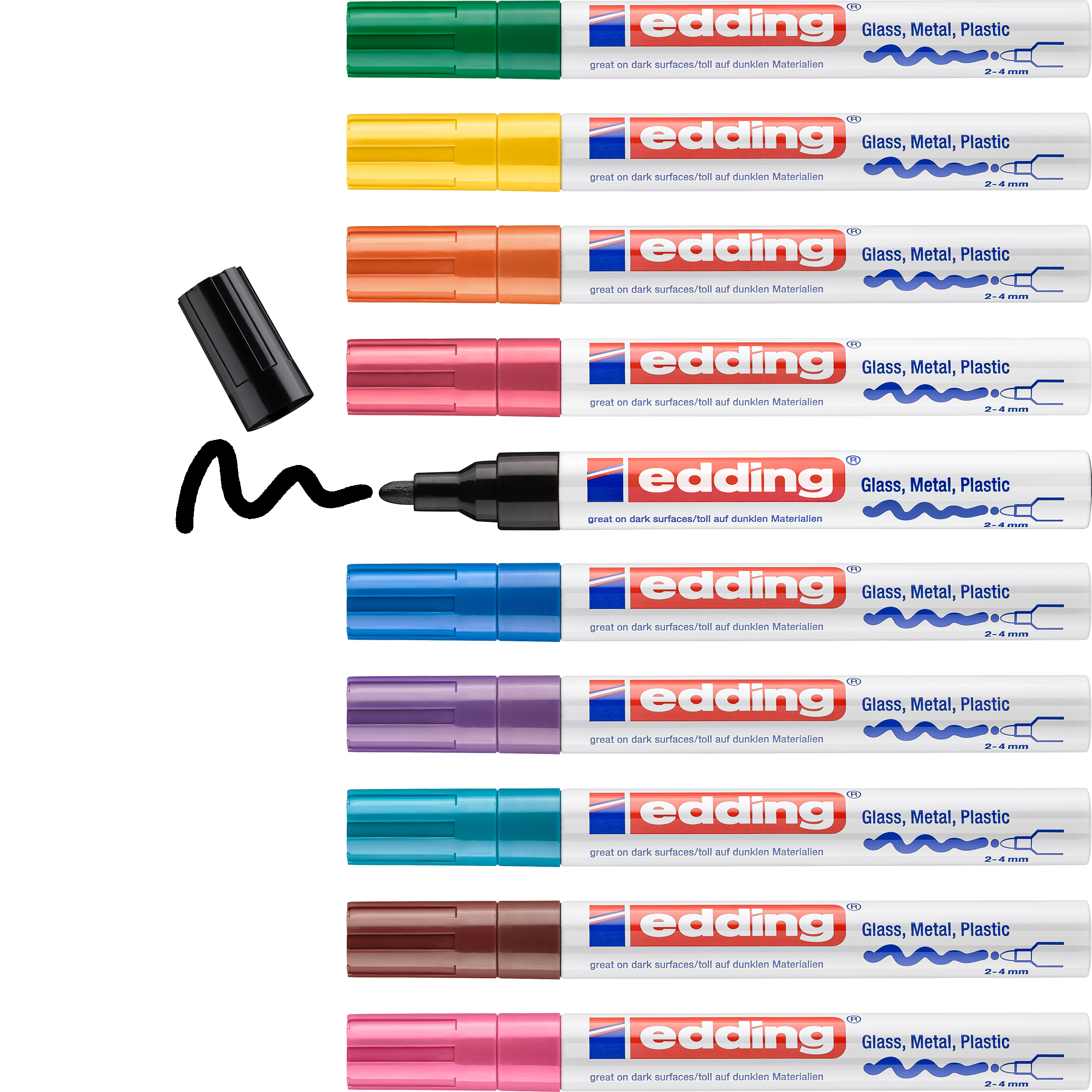 Zehn edding 750 Glanzlackmarker in verschiedenen Farben sind vertikal angeordnet und eignen sich jeweils für Glas, Metall und Kunststoff. Die Kappe des schwarzen Markers liegt offen links. Mit lackähnlicher Pigmenttinte für hochglänzende Ergebnisse.