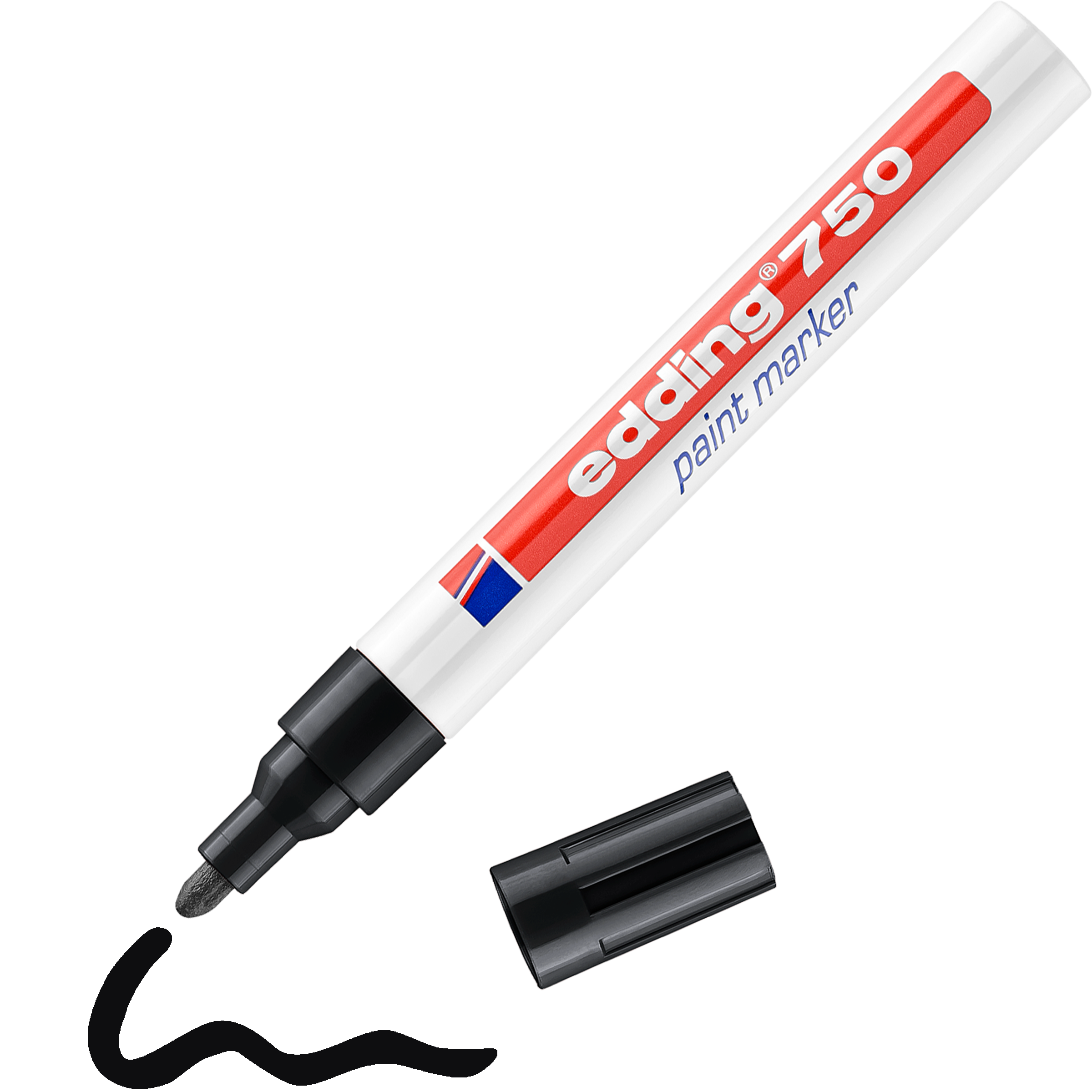 edding 750 Lackmarker in Orange mit offener Kappe und einem gemaltem Strich