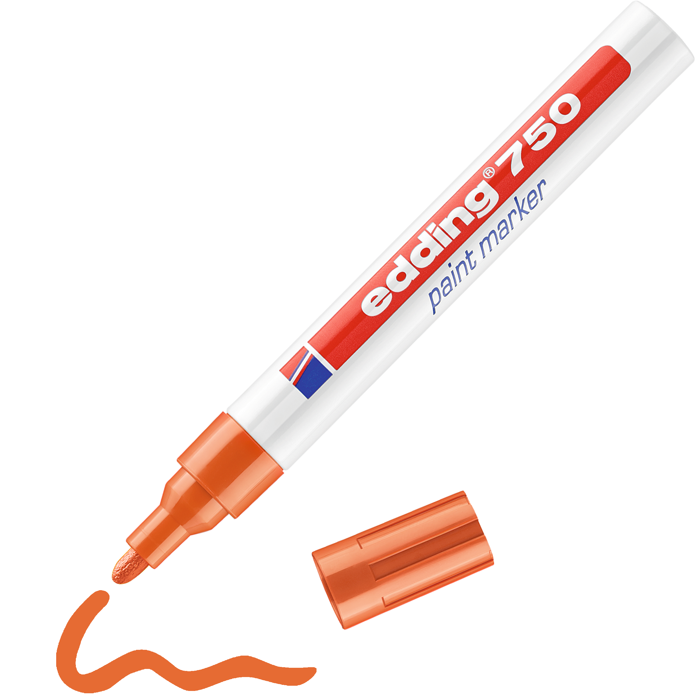edding 750 Lackmarker in orange mit offener Kappe und gemaltem Strich