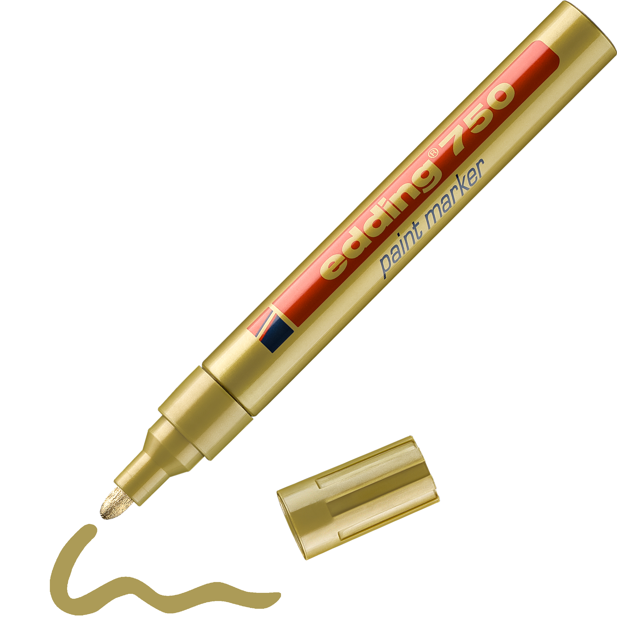 edding 750 Lackmarker in gold mit offener Kappe und gemaltem Strich