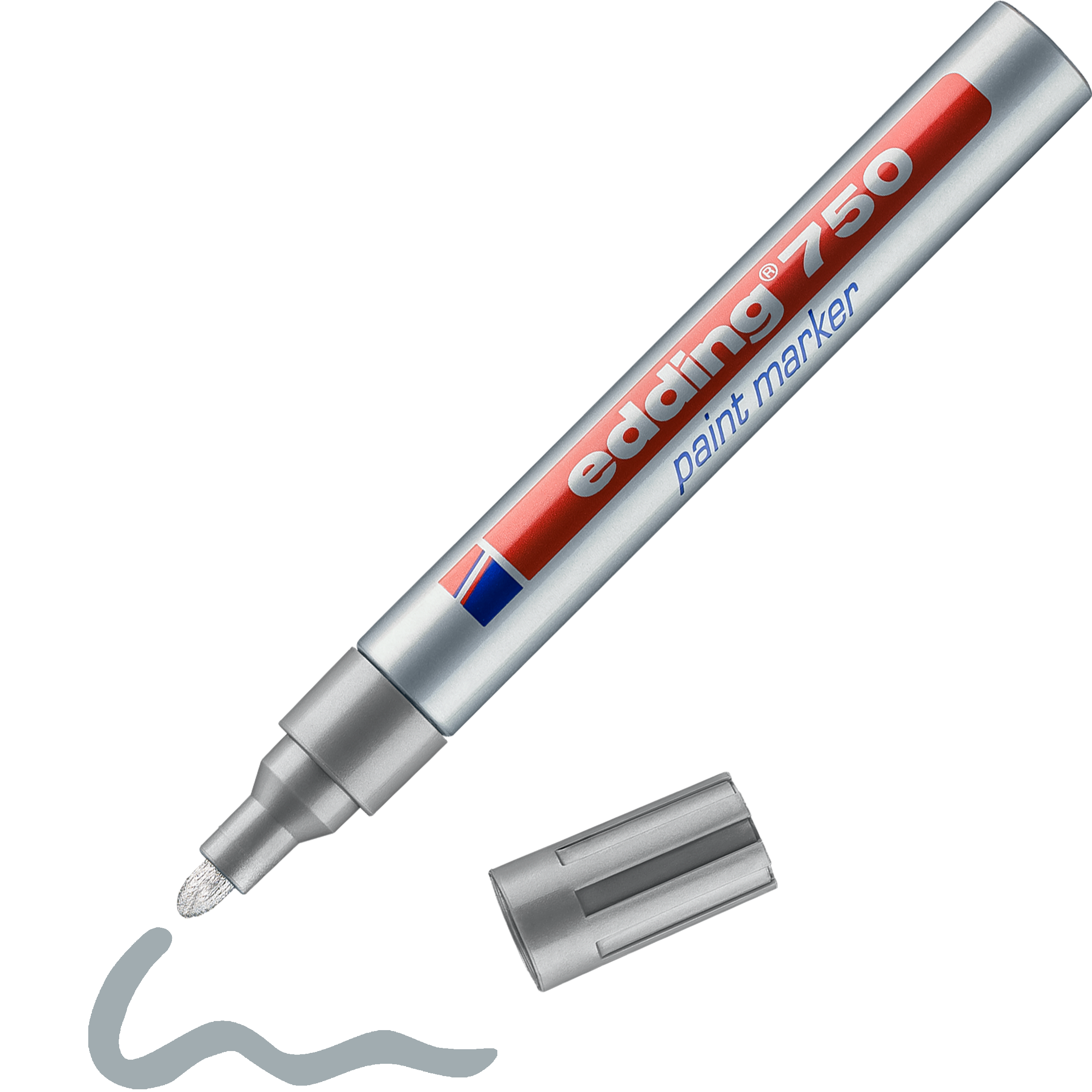 edding 750 Lackmarker in silber mit offener Kappe und gemaltem Strich