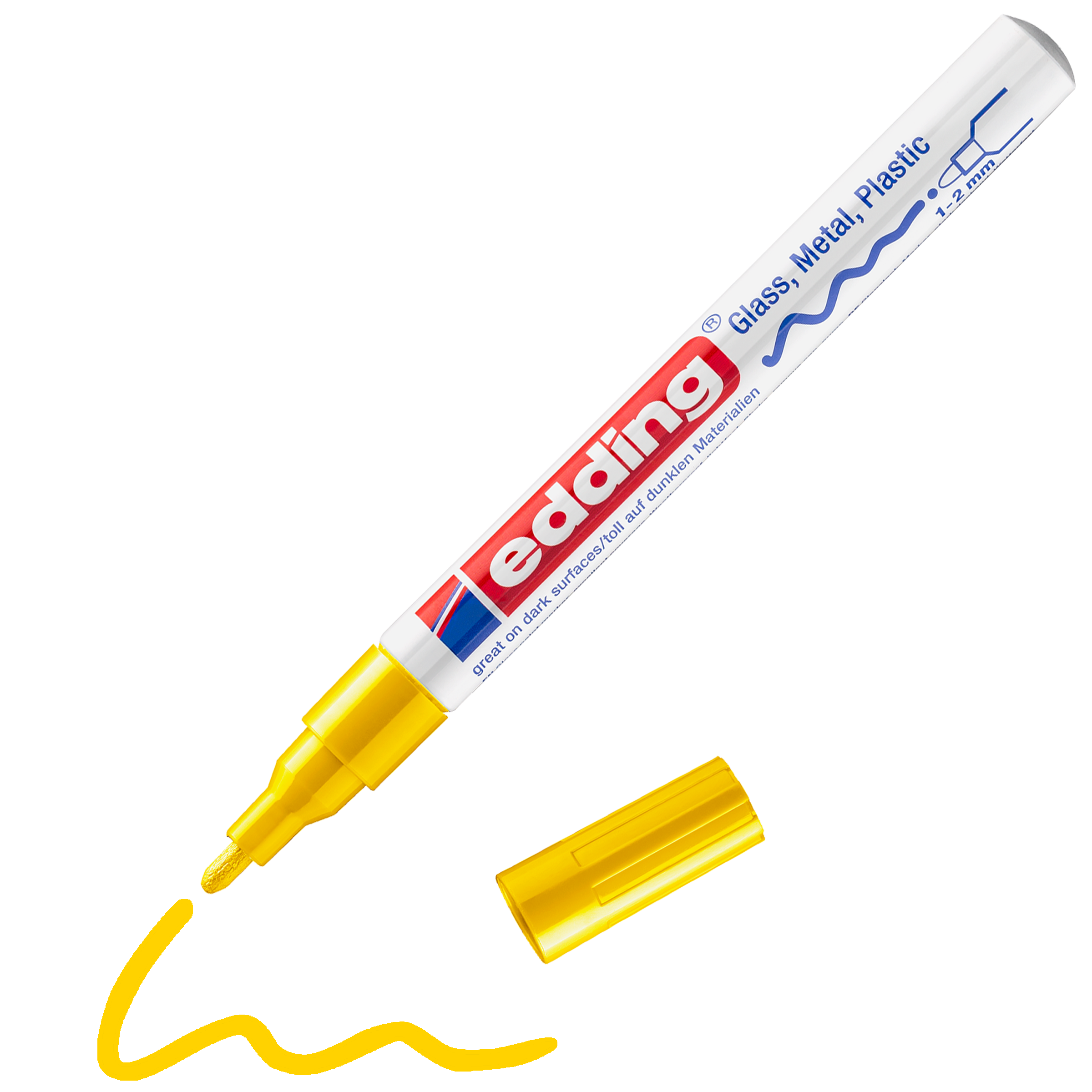 edding 751 Glanzlackmarker in Pastellblau mit offener Kappe und einem gemaltem Strich