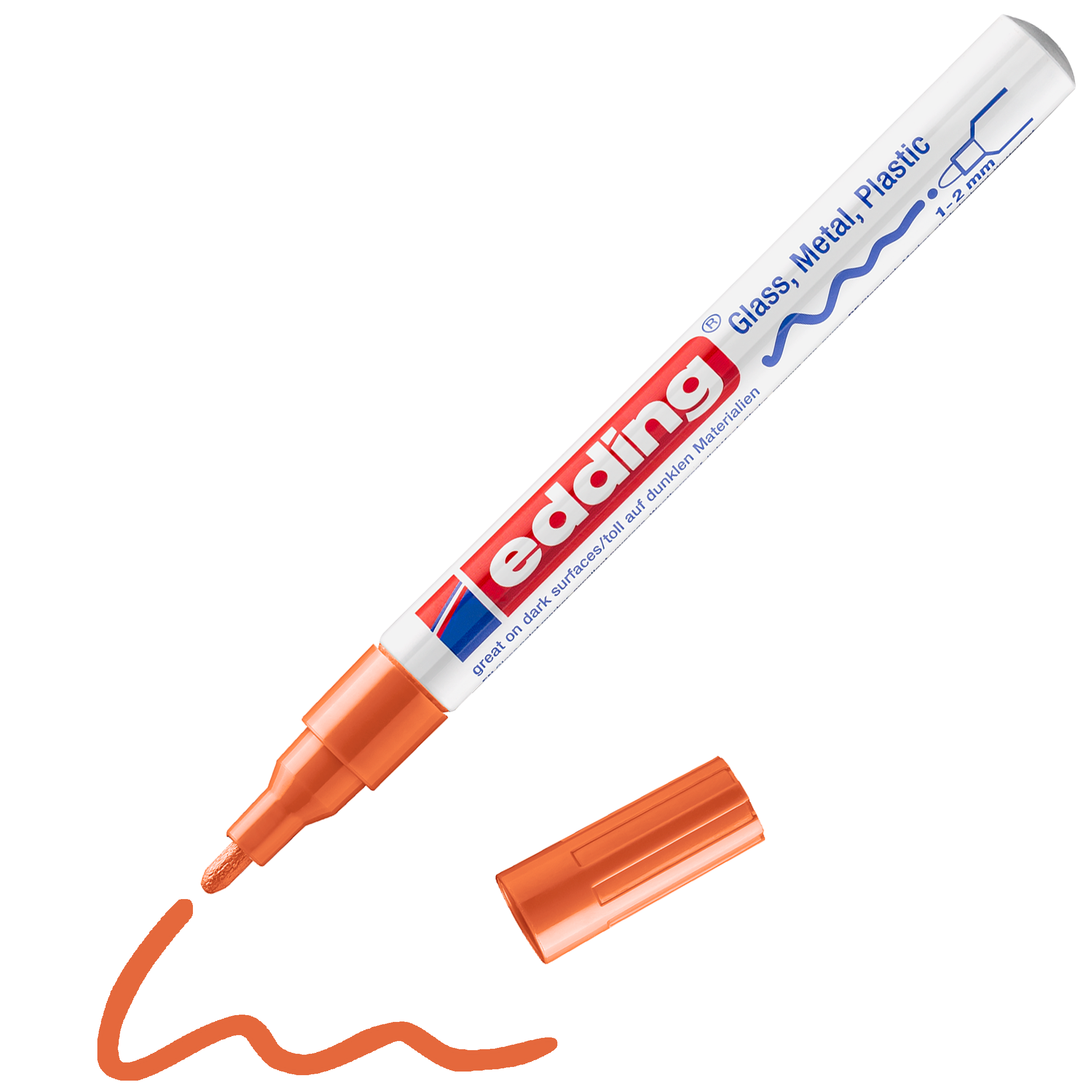 edding 751 Glanzlackmarker in orange mit offener Kappe und gemaltem Strich