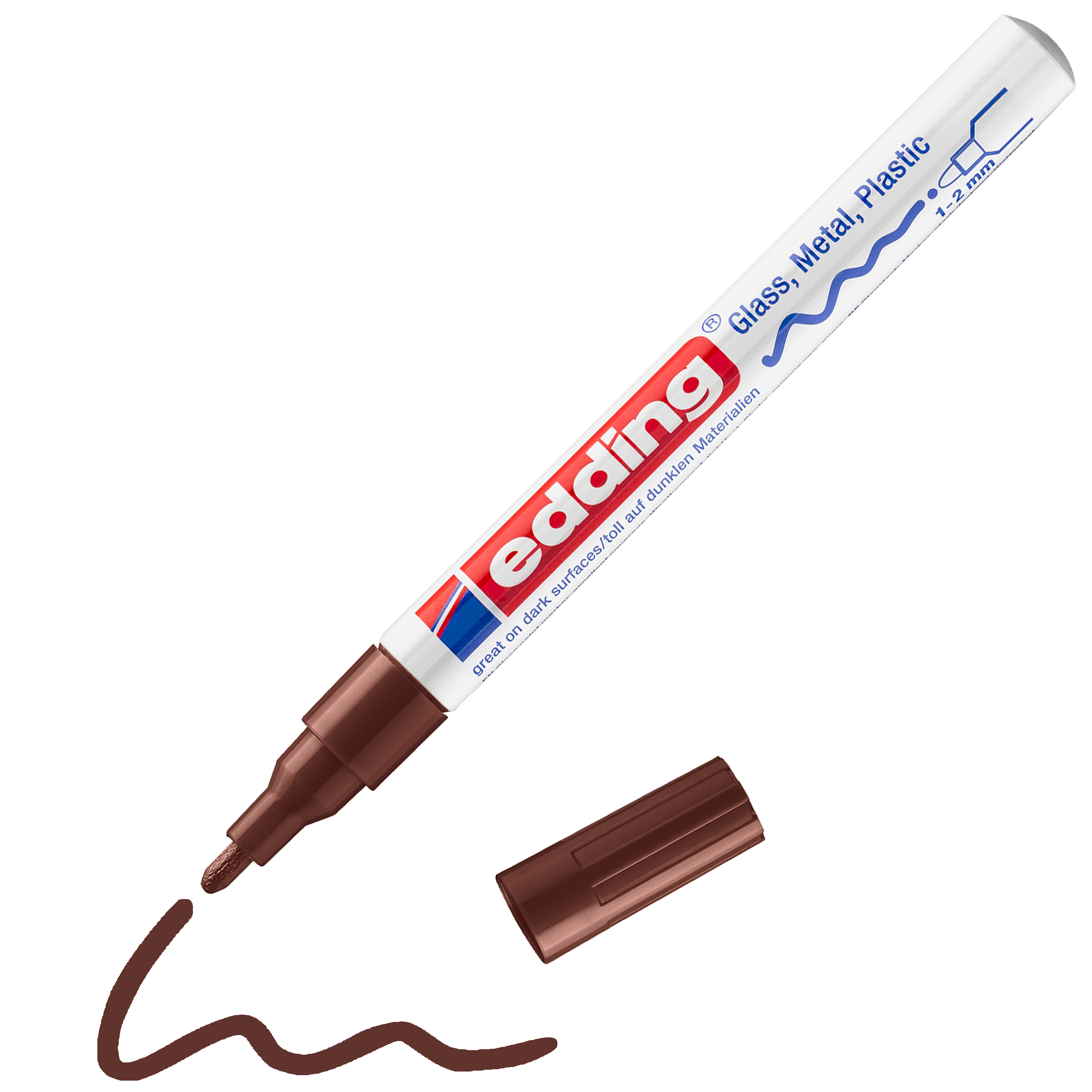edding 751 Glanzlackmarker in braun mit offener Kappe und gemaltem Strich