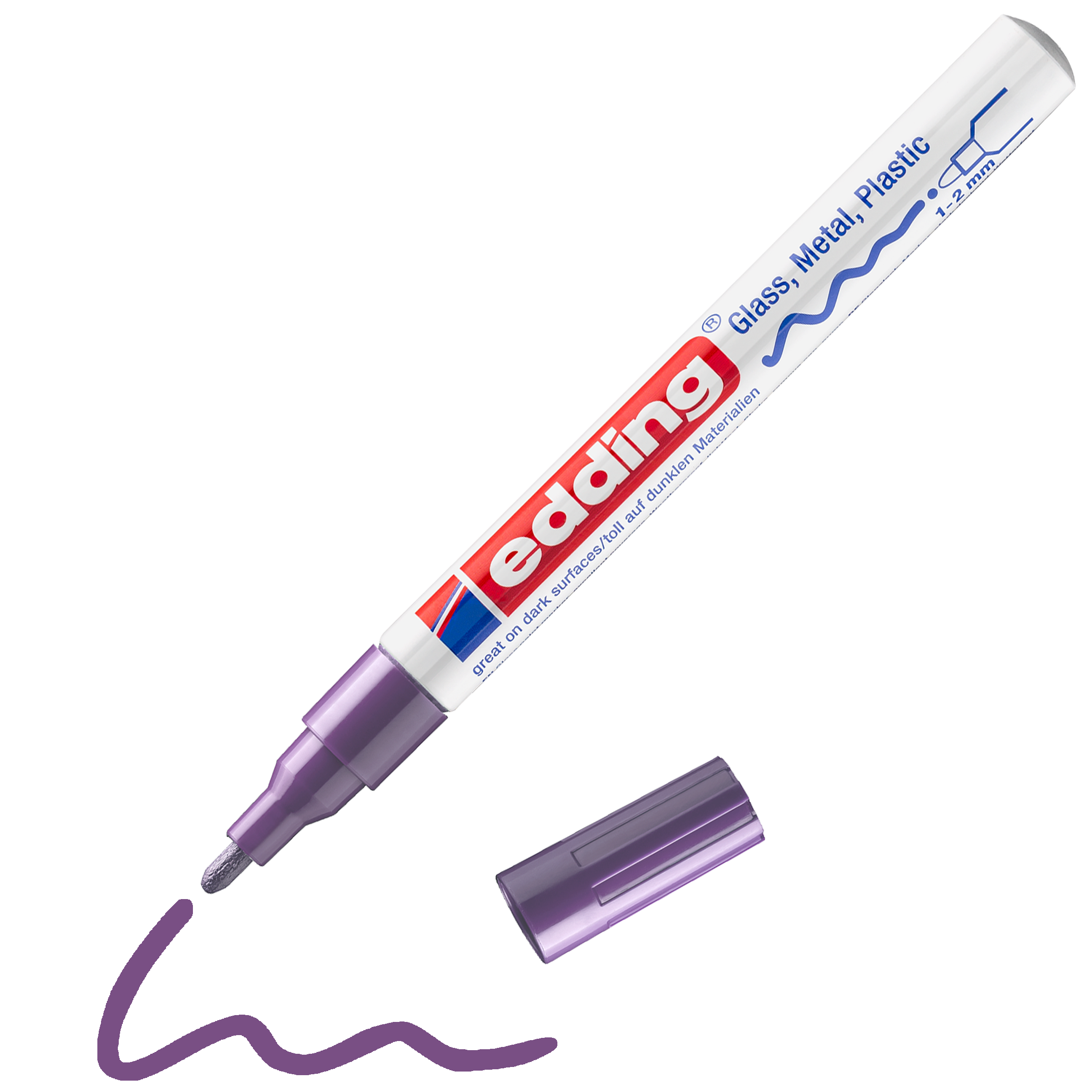 edding 751 Glanzlackmarker in lila mit offener Kappe und gemaltem Strich