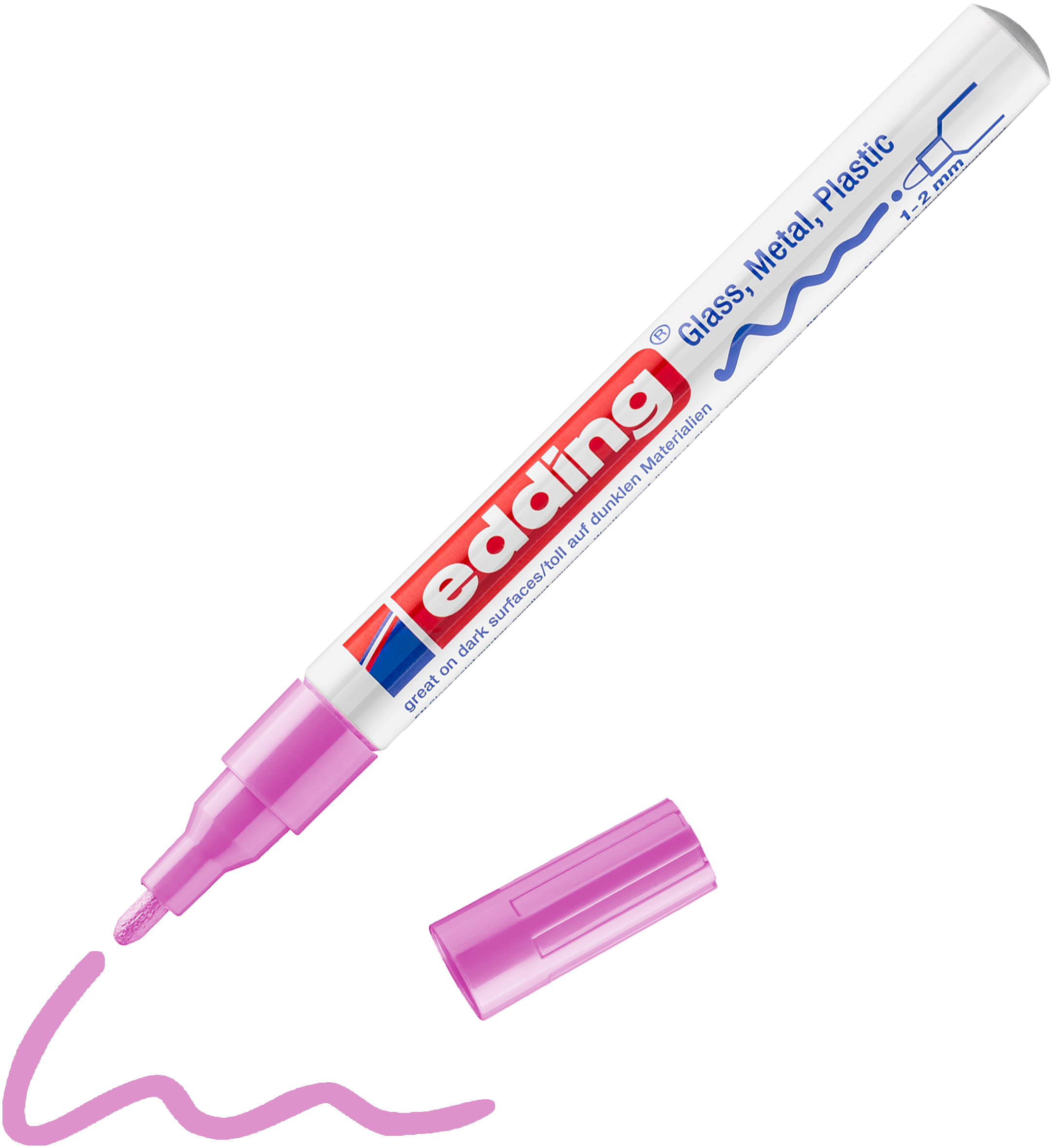 edding 751 Glanzlackmarker in pink mit offener Kappe und gemaltem Strich