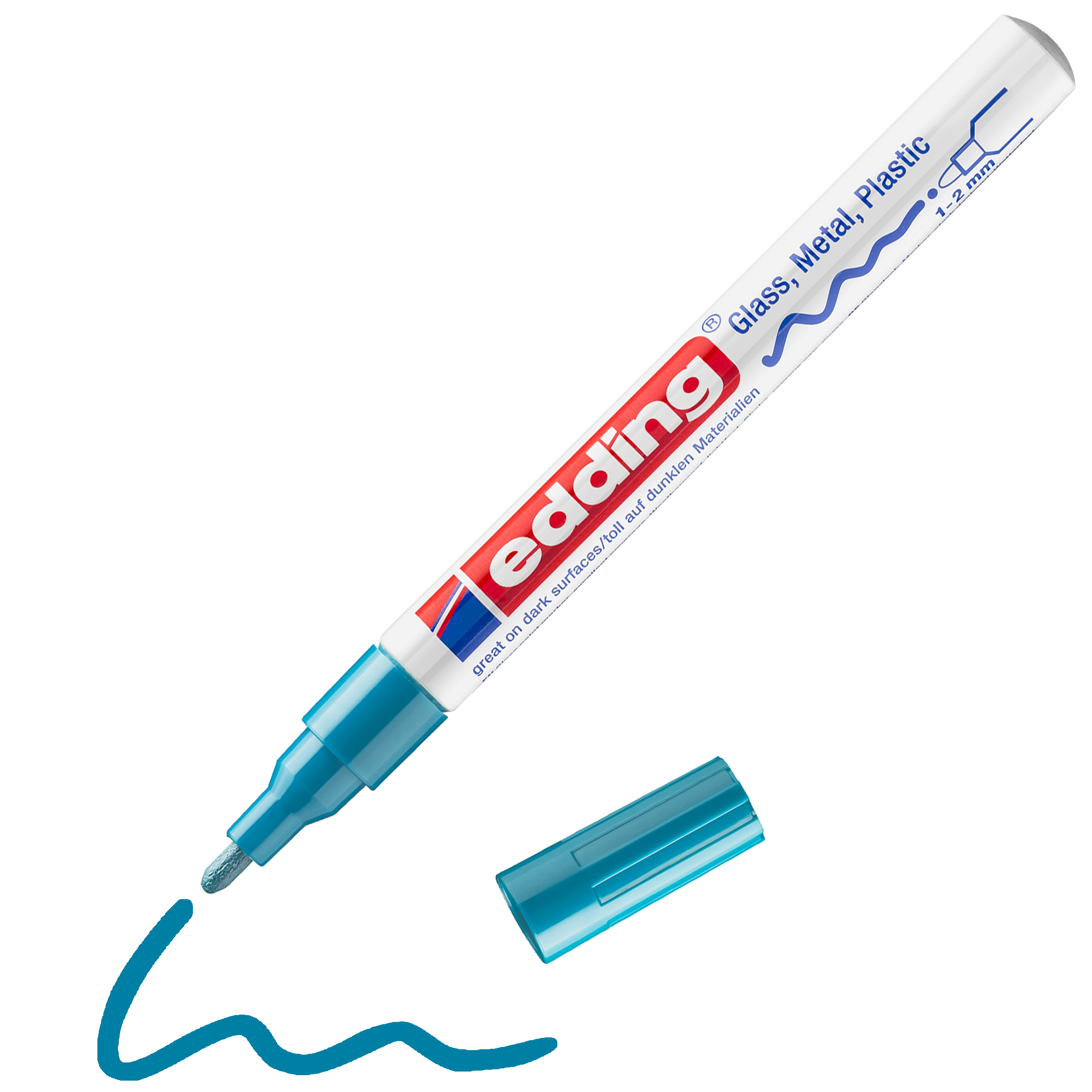 edding 751 Glanzlackmarker in hellblau mit offener Kappe und gemaltem Strich