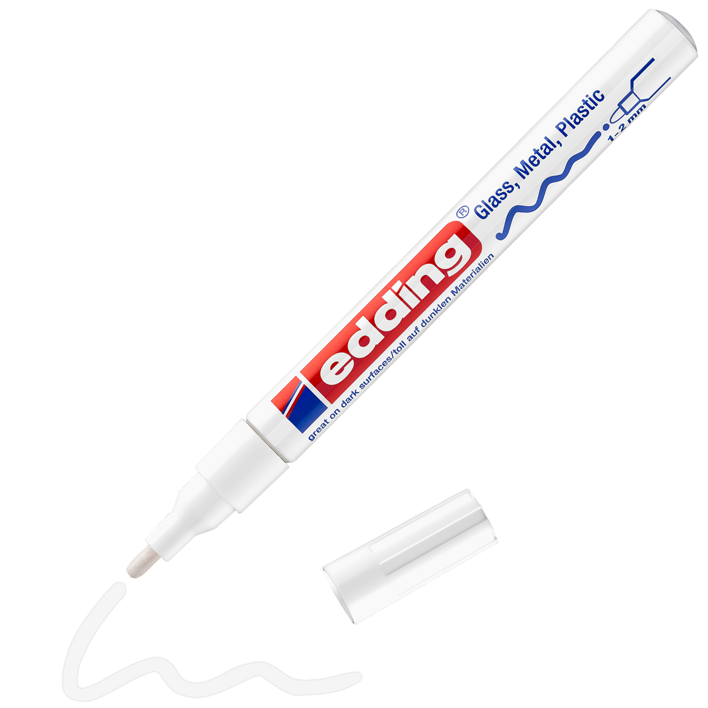 edding 751 Glanzlackmarker in weiß mit offener Kappe und gemaltem Strich