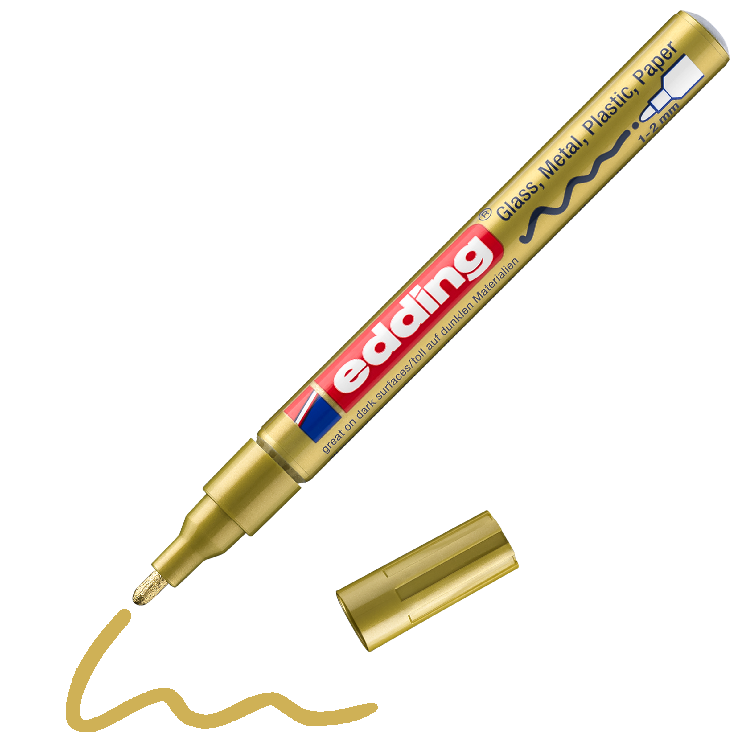 edding 751 Glanzlackmarker in Schwarz mit offener Kappe und einem gemaltem Strich