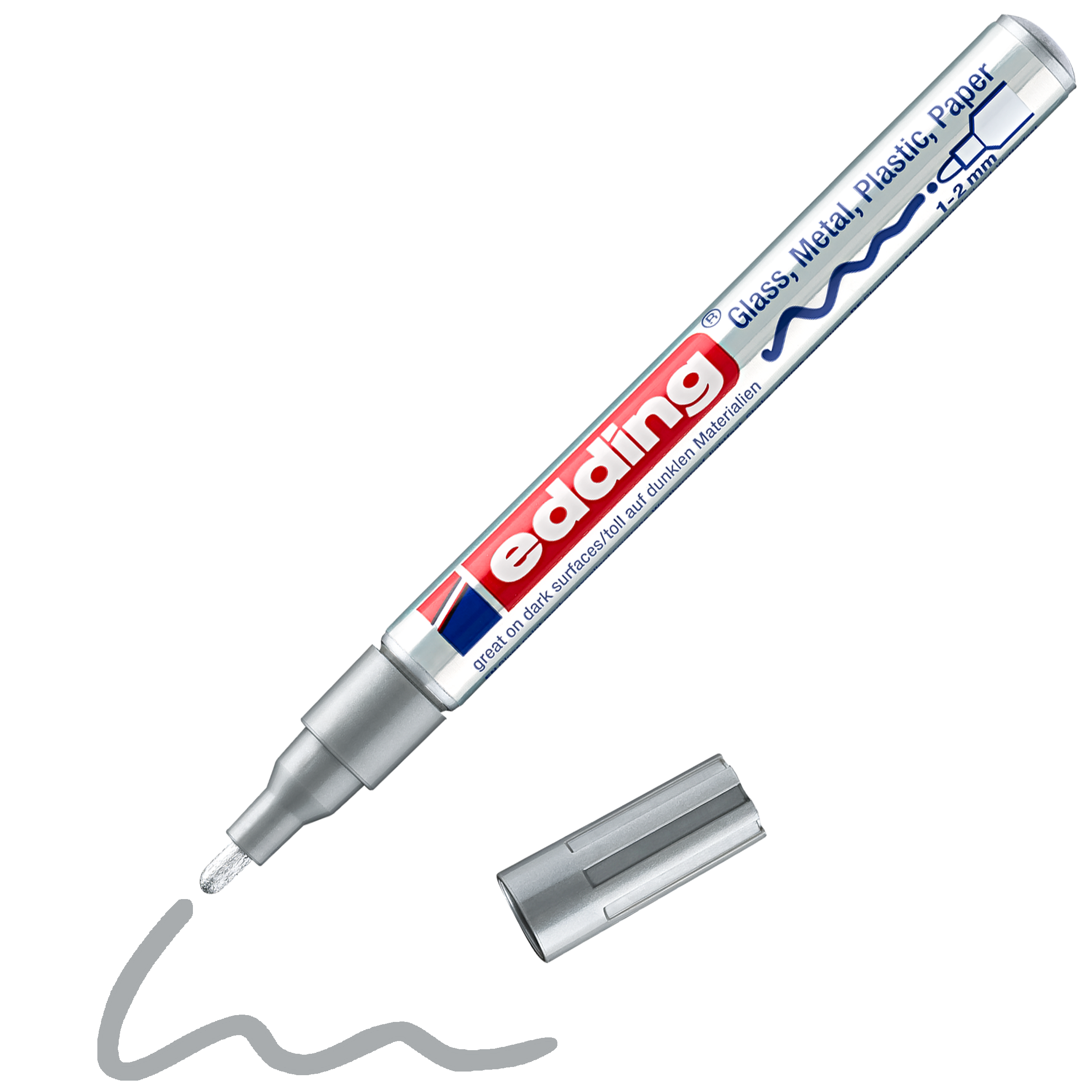 edding 751 Glanzlackmarker in metallic-silber mit offener Kappe und gemaltem Strich