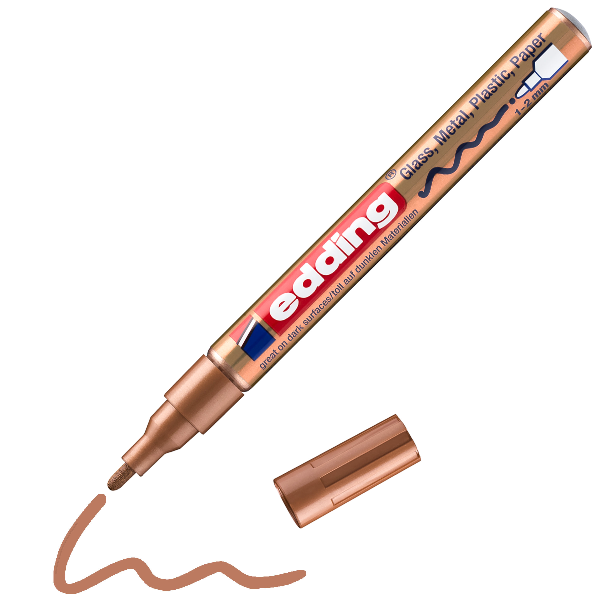 edding 751 Glanzlackmarker in metallic-kupfer mit offener Kappe und gemaltem Strich