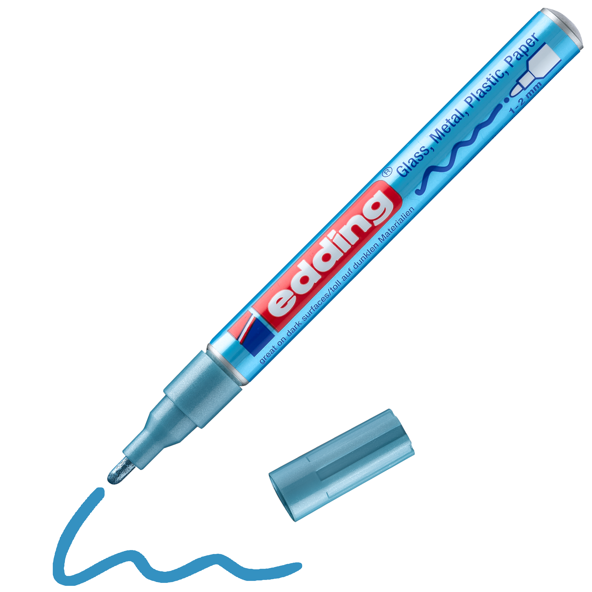 edding 751 Glanzlackmarker in metallic-blau mit offener Kappe und gemaltem Strich