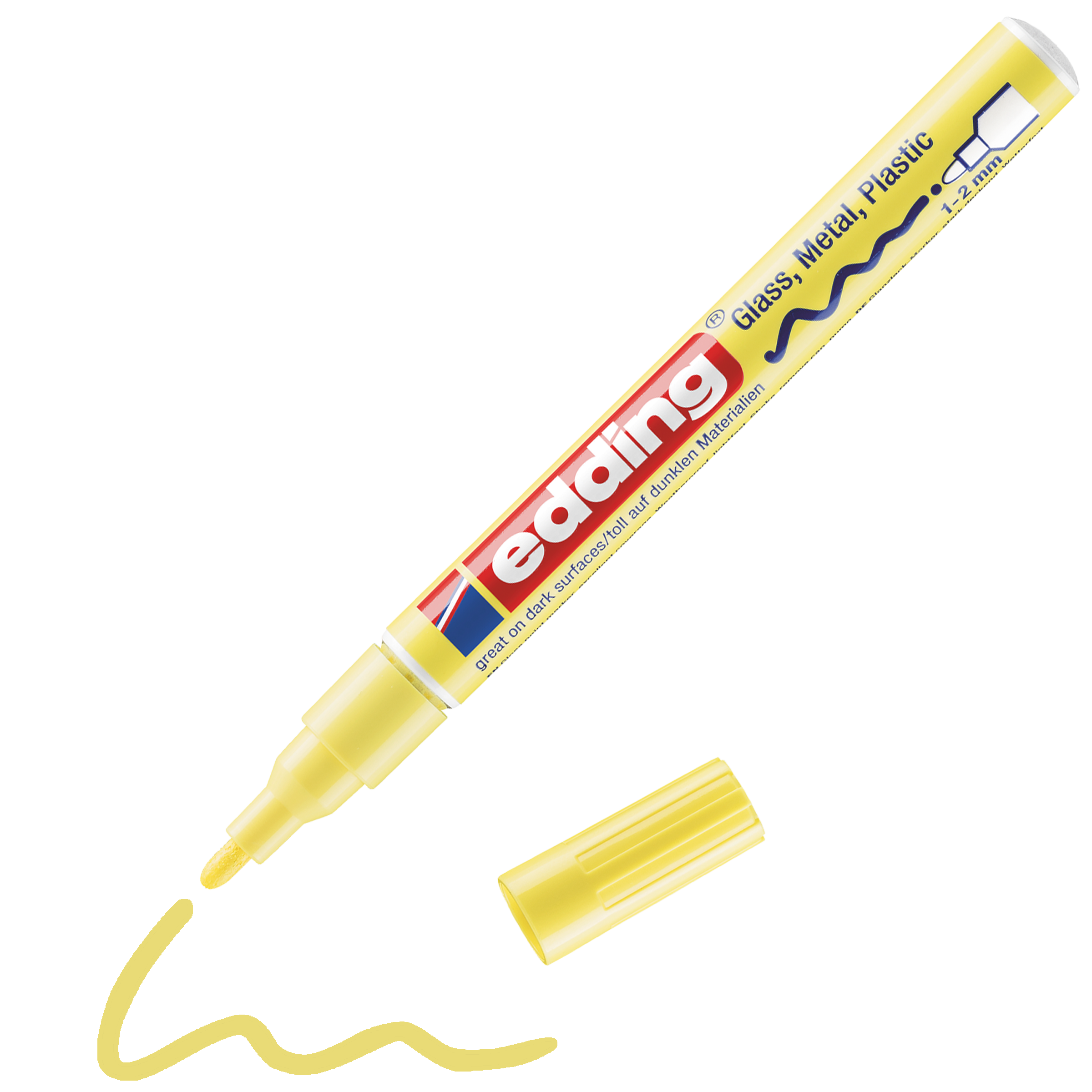 edding 751 Glanzlackmarker in pastellbgelb mit offener Kappe und gemaltem Strich