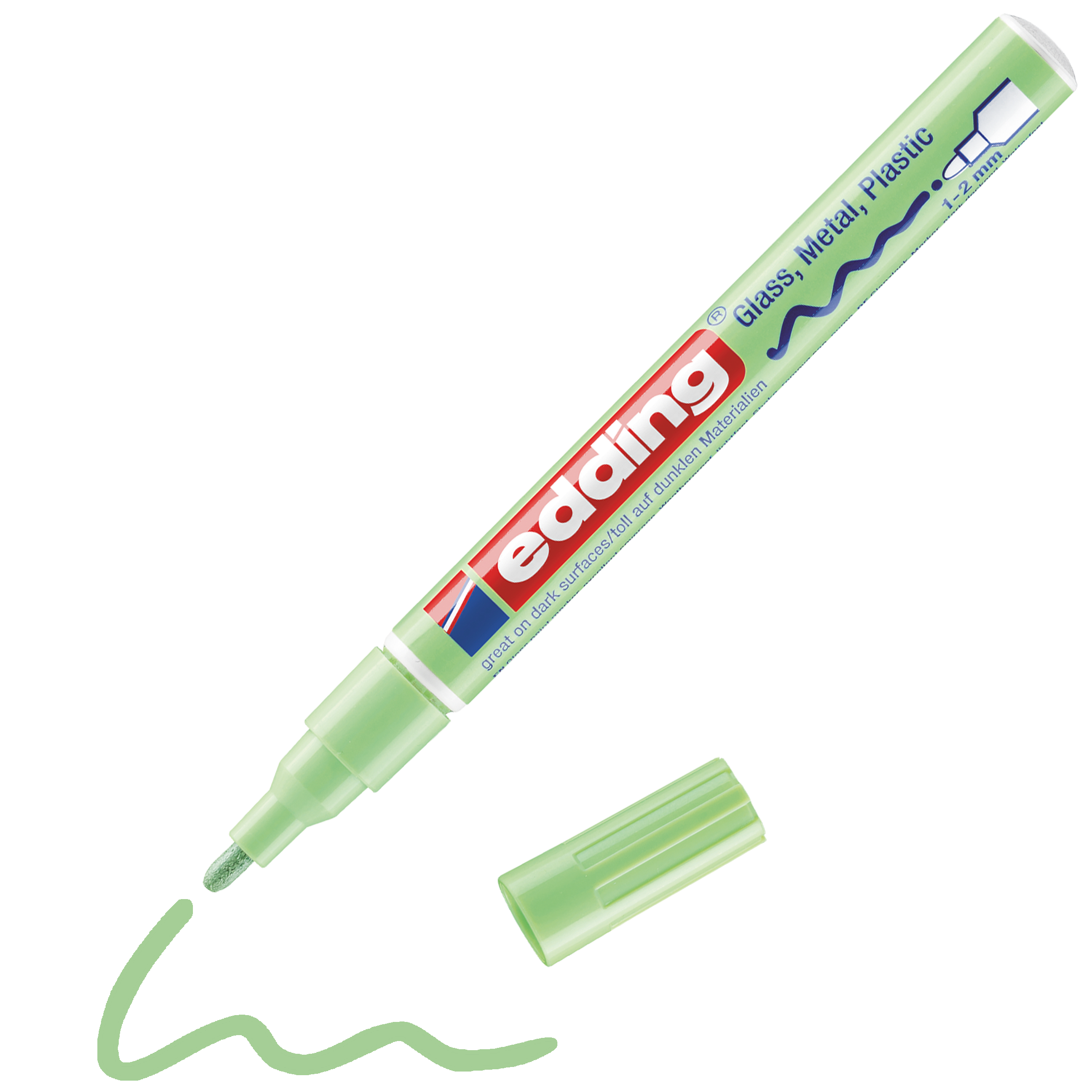 edding 751 Glanzlackmarker in pastellgrün mit offener Kappe und gemaltem Strich