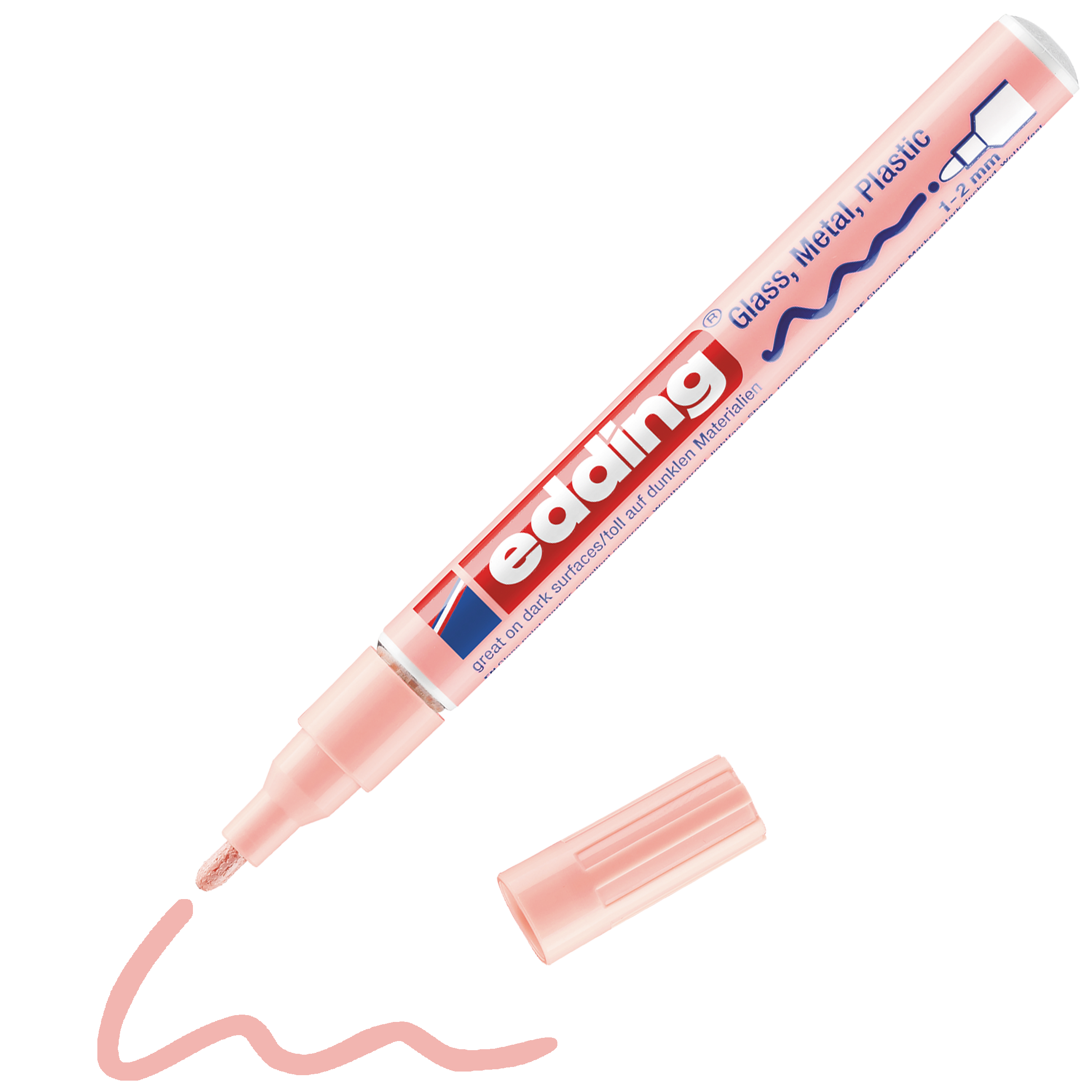 edding 751 Glanzlackmarker in pastellrosa mit offener Kappe und gemaltem Strich