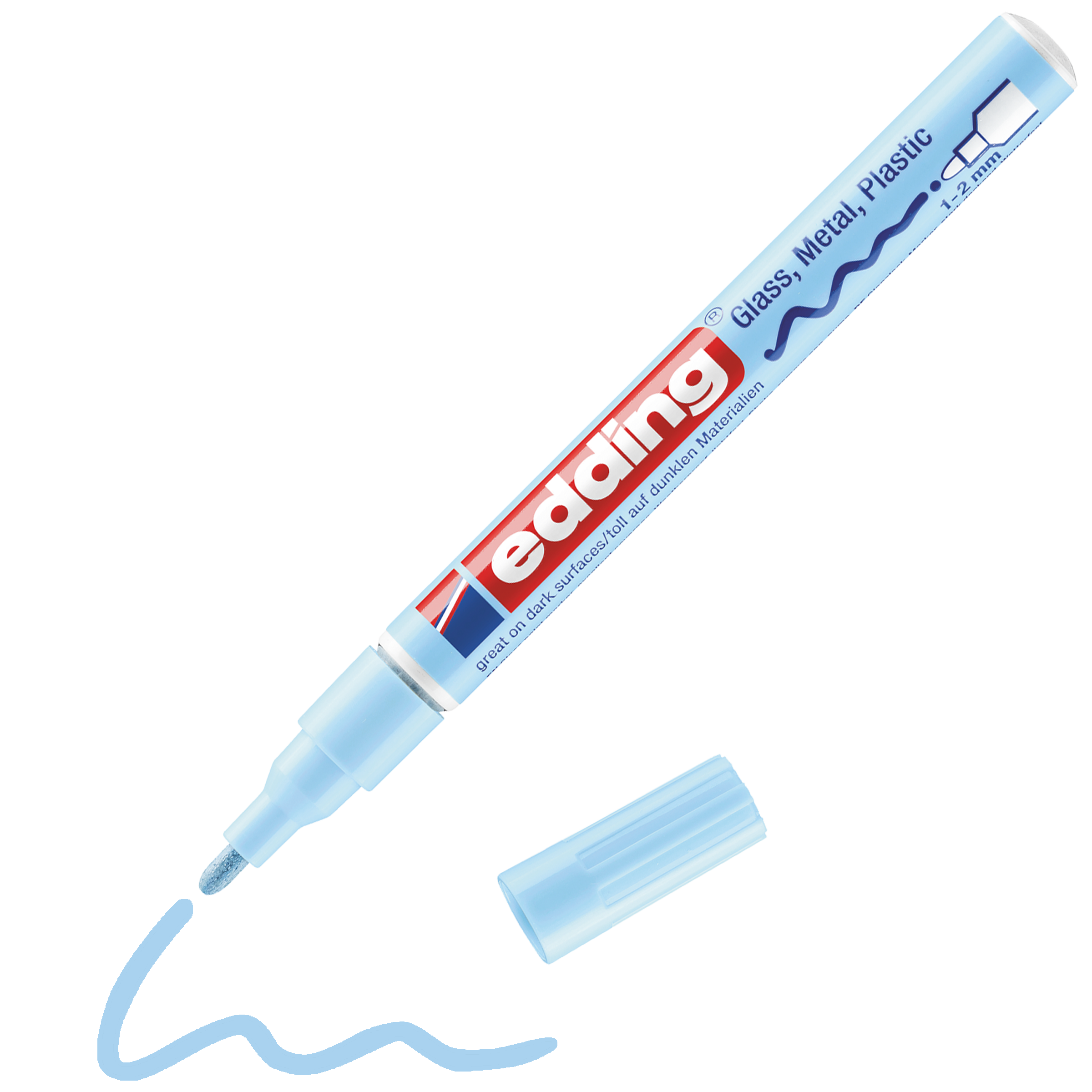edding 751 Glanzlackmarker in pastellblau mit offener Kappe und gemaltem Strich