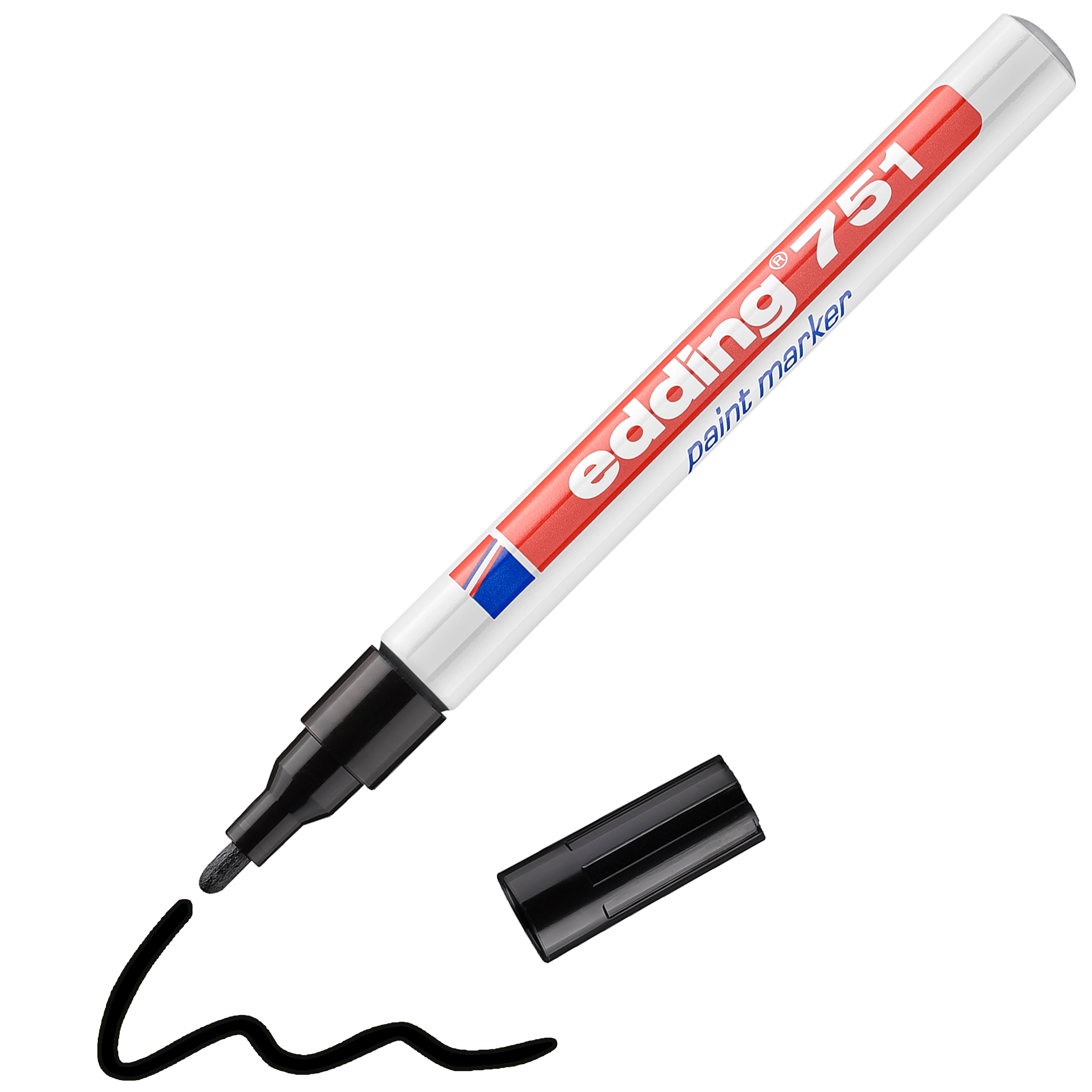 Ein weißer edding 751 Lackmarker ohne Kappe mit rotem Etikett und schwarzer Kappe weist in der Nähe der Spitze eine wellenförmige schwarze Linie auf. Der Marker von edding verwendet hochpermanente Tinte für langanhaltende Ergebnisse.