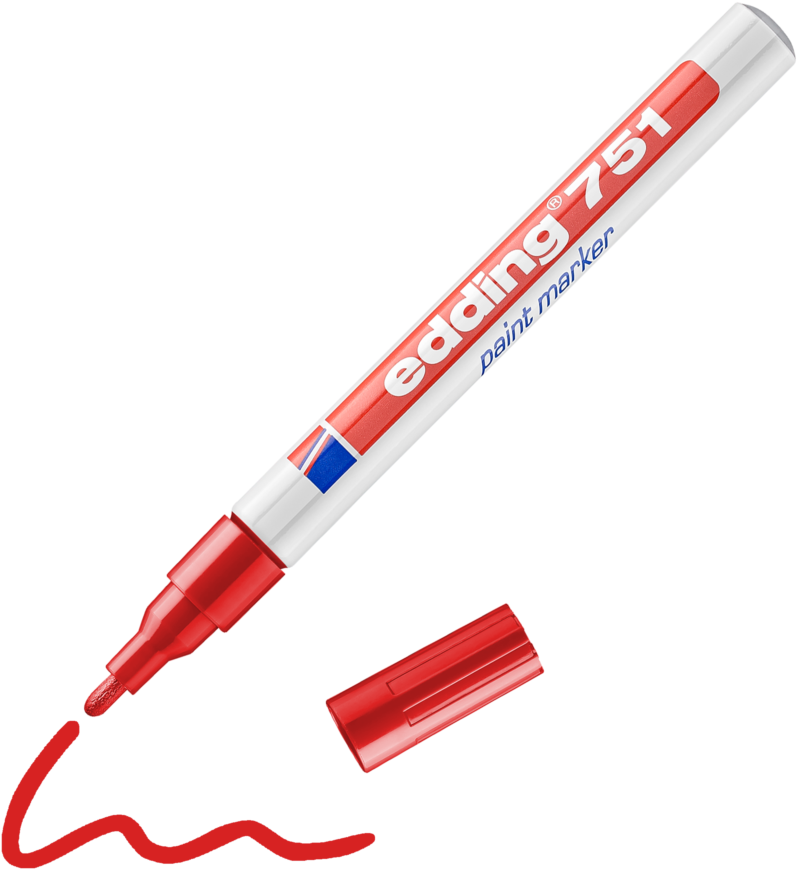 Ein roter edding 751 Lackmarker von edding, ohne Kappe und mit einer wellenförmigen roten Linie danebenliegend, zeichnet er. Der weiße Stift verfügt über eine rot-blaue Beschriftung und enthält hochpermanente Tinte.