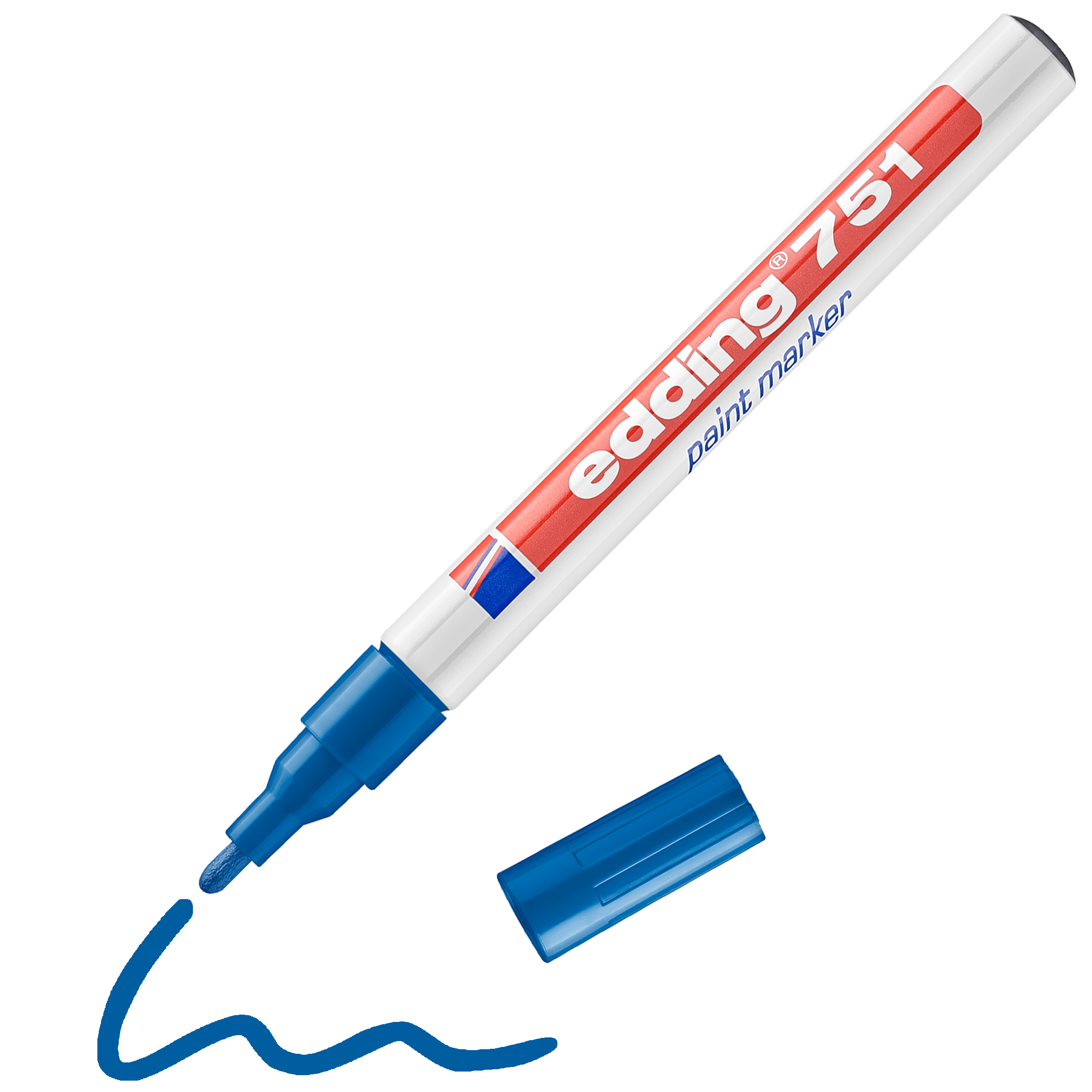 Ein blauer edding 751 Lackmarker ohne Kappe, der die Spitze und eine wellenförmige blaue Linie darunter freigibt. Der Marker hat eine rot-weiße Beschriftung der Marke edding und enthält hochpermanente Tinte.