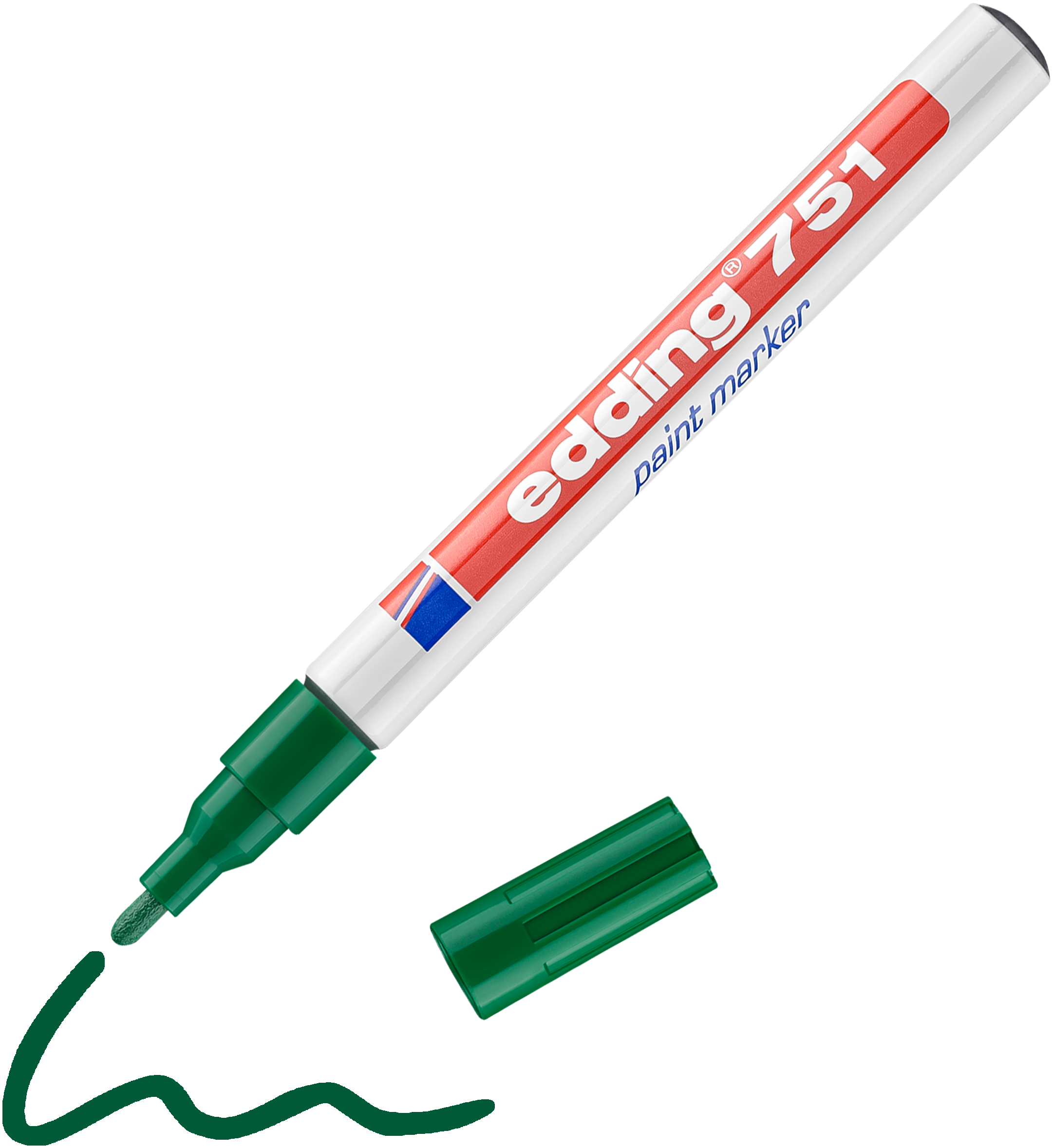 Ein rot-weißer edding 751 Lackmarker von edding. Ohne grüne Kappe zeigt er eine grüne Spitze und darunter eine gewellte grüne Linie. Er verfügt über eine hochpermanente Tinte für dauerhafte, zuverlässige Markierungen.