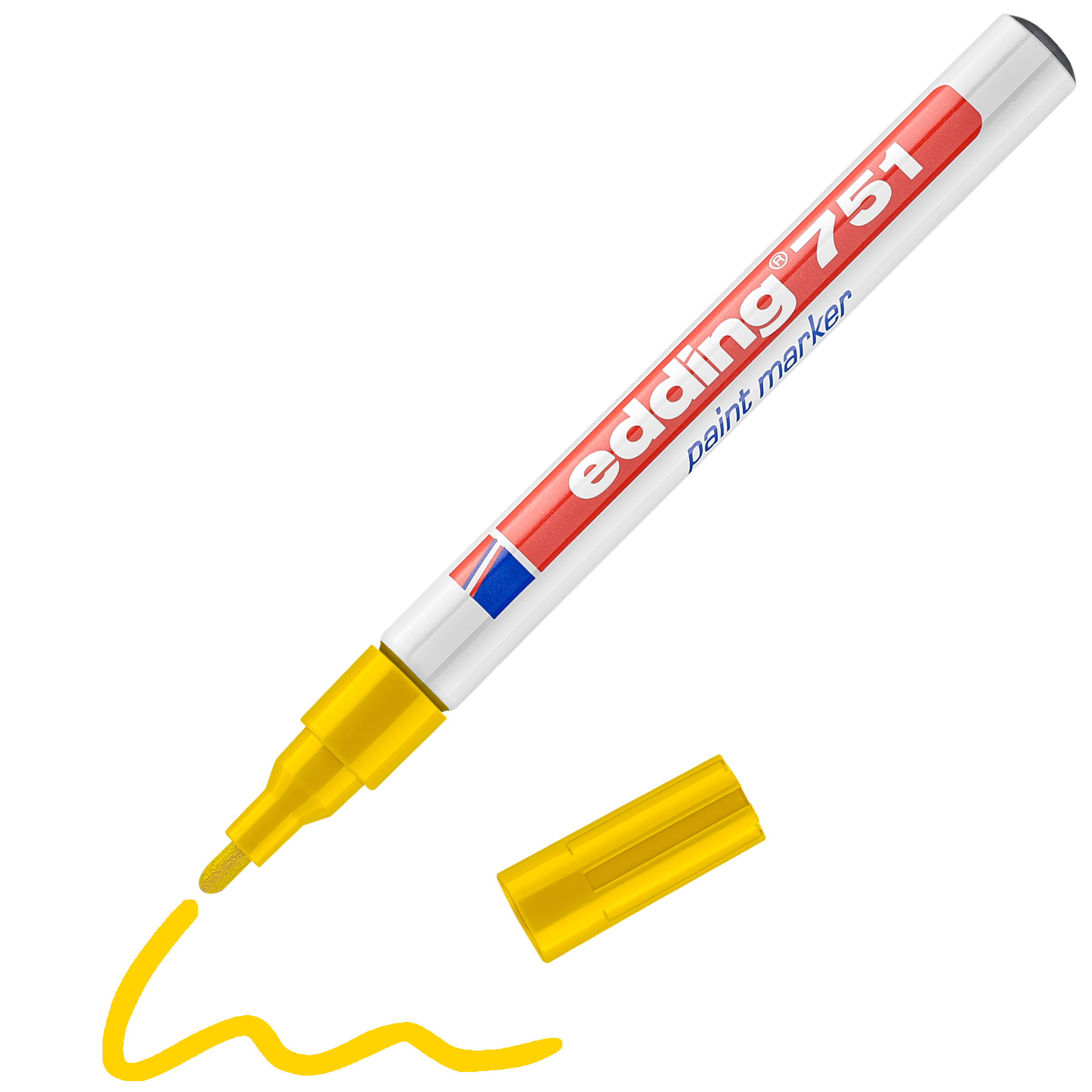 Ein gelber edding 751 Lackmarker ohne Kappe liegt neben einer verschnörkelten gelben Linie, die mit seiner hochpermanenten Tinte gezeichnet wurde.