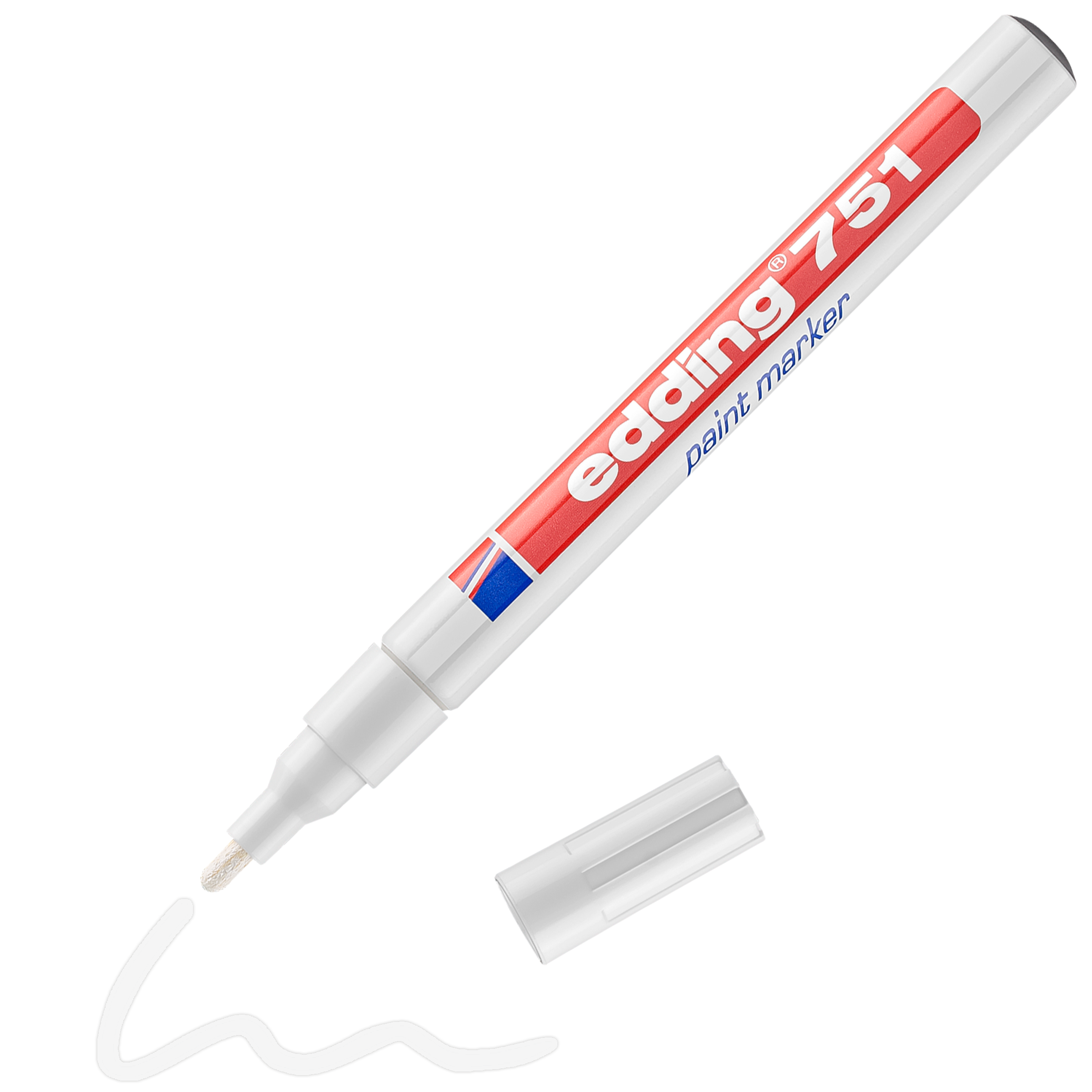 Der edding 751 Lackmarker von edding mit roter und blauer Beschriftung zeichnet eine weiße Wellenlinie, während die Kappe in der Nähe liegt. Seine hochpermanente Tinte sorgt für dauerhafte, lebendige Markierungen auf verschiedenen Oberflächen.