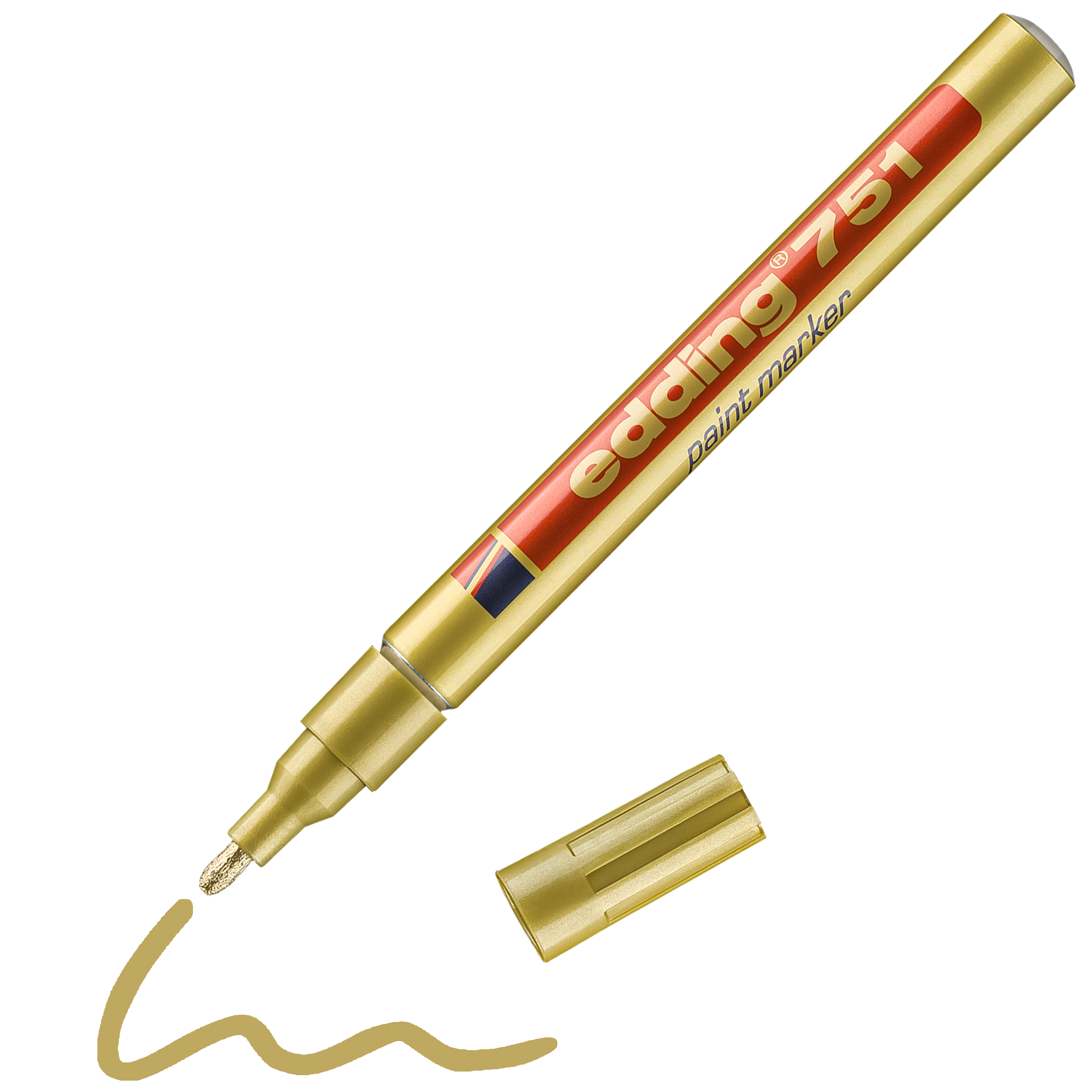 Ein edding 751 Lackmarker in Gold, abgebildet mit abgenommener Kappe daneben und einer gewellten Goldlinie unter der Spitze, verfügt über hochpermanente Tinte für lang anhaltende Ergebnisse.