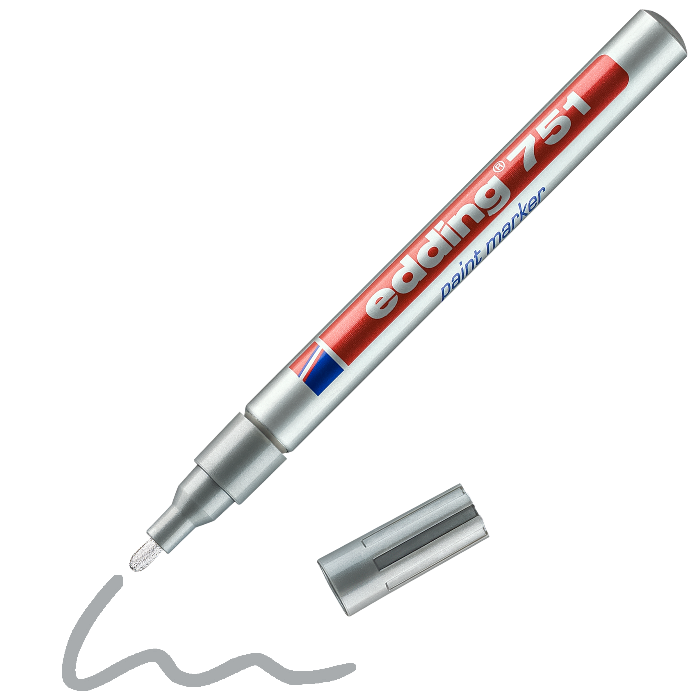 Daneben liegt ein abgenommener edding 751 Lackmarker von edding. Der Marker hat eine rote Beschriftung und zeichnet mit hochpermanenter Tinte eine wellenförmige silberne Linie.