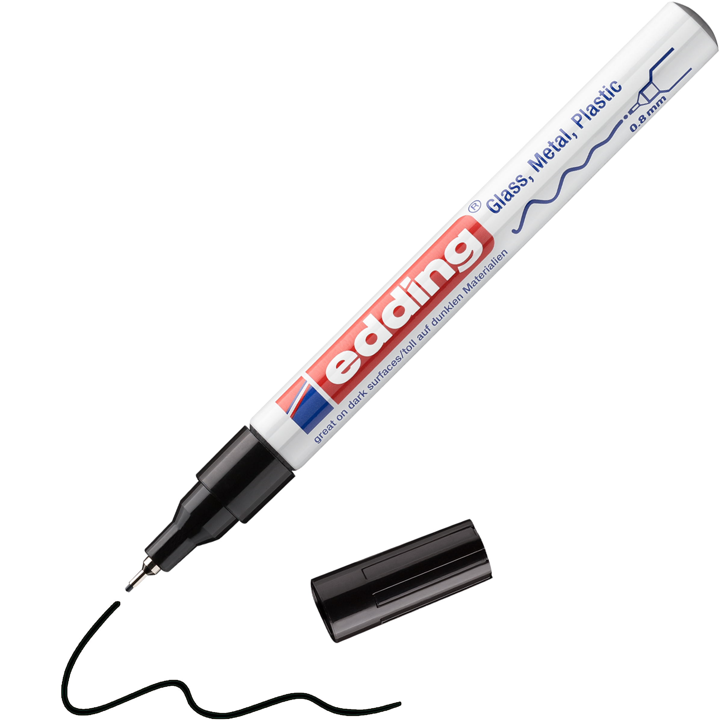 Ein edding 780 Glanzlackmarker in Schwarz ohne Kappe mit feiner Spitze zeichnet eine geschwungene Linie. Das Etikett weist darauf hin, dass er von edding ist und für Glas-, Metall- und Kunststoffoberflächen geeignet ist.
