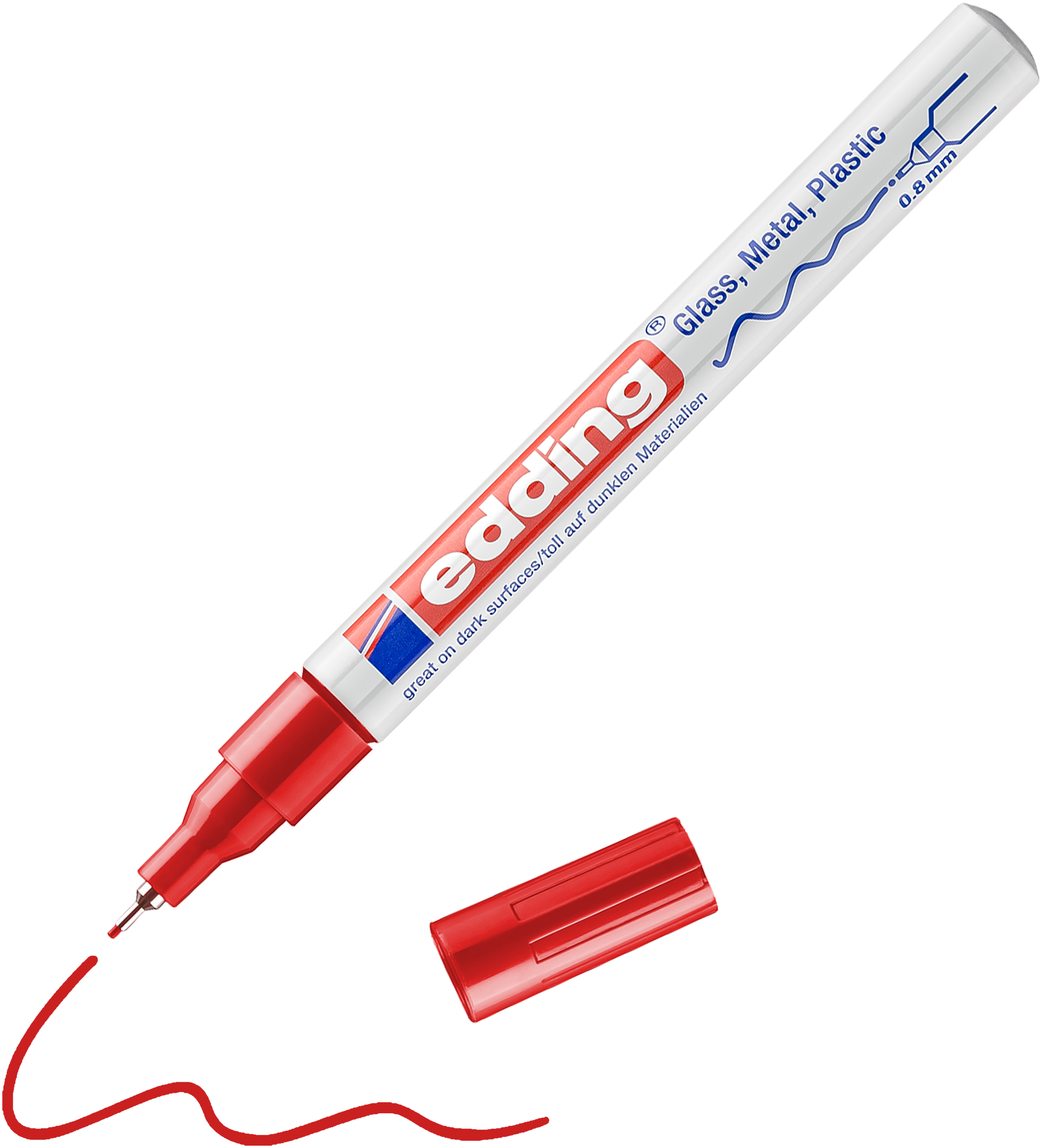 Ein edding 780 Glanzlackmarker in Rot ohne Kappe liegt neben einer wellenförmigen roten Linie, die seine feine Spitze gezogen hat. Dieser edding Marker ist ideal für Glas, Metall und Kunststoff und ermöglicht einen präzisen, hochglänzenden Farbauftrag.