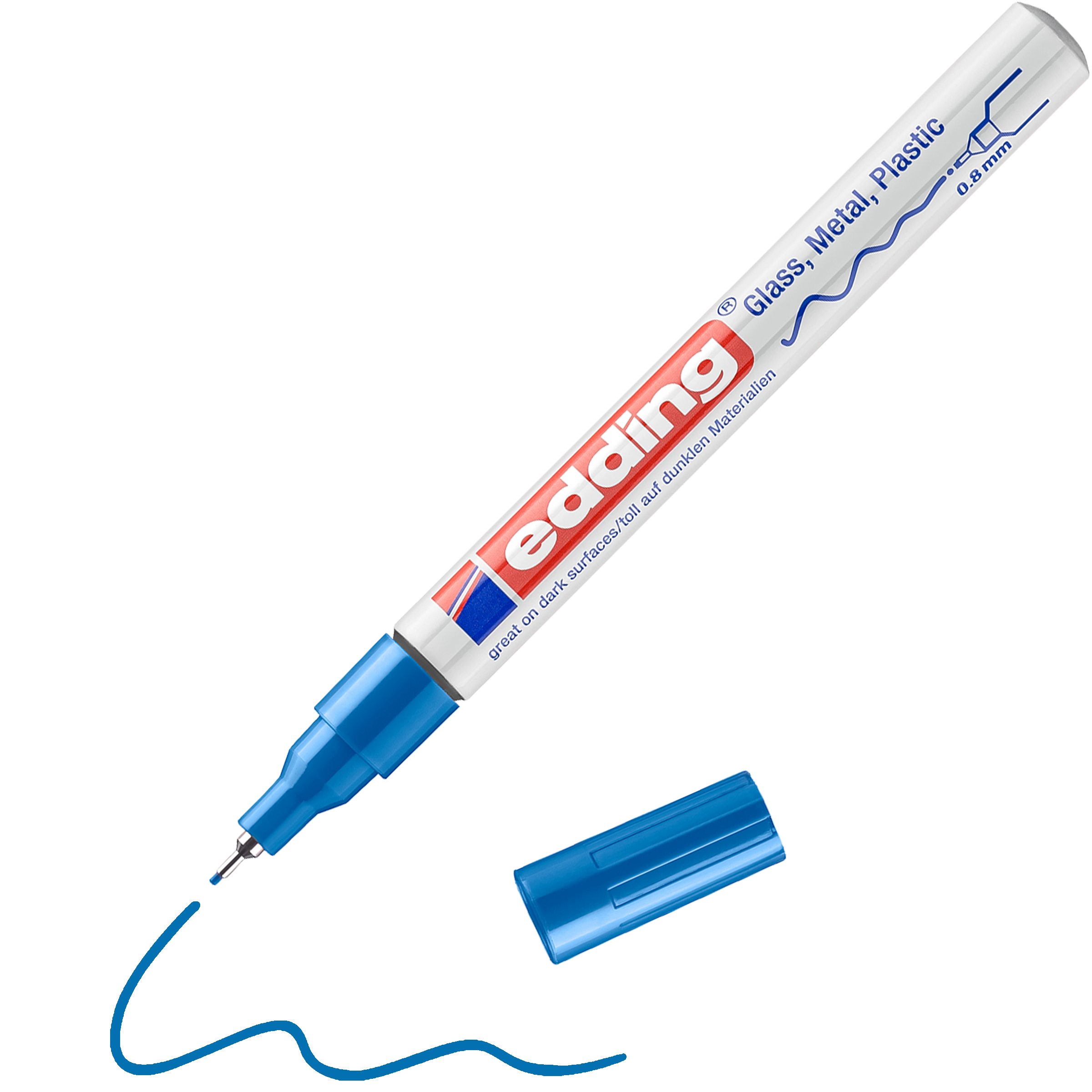 Ein daneben liegender edding 780 Glanzlackmarker ohne Kappe erzeugt eine wellenförmige blaue Linie – ideal zum Schreiben auf Glas, Metall und Kunststoff. Perfekt für kräftige Striche und glänzende Hochglanzfarben oder Metallic-Effekte.