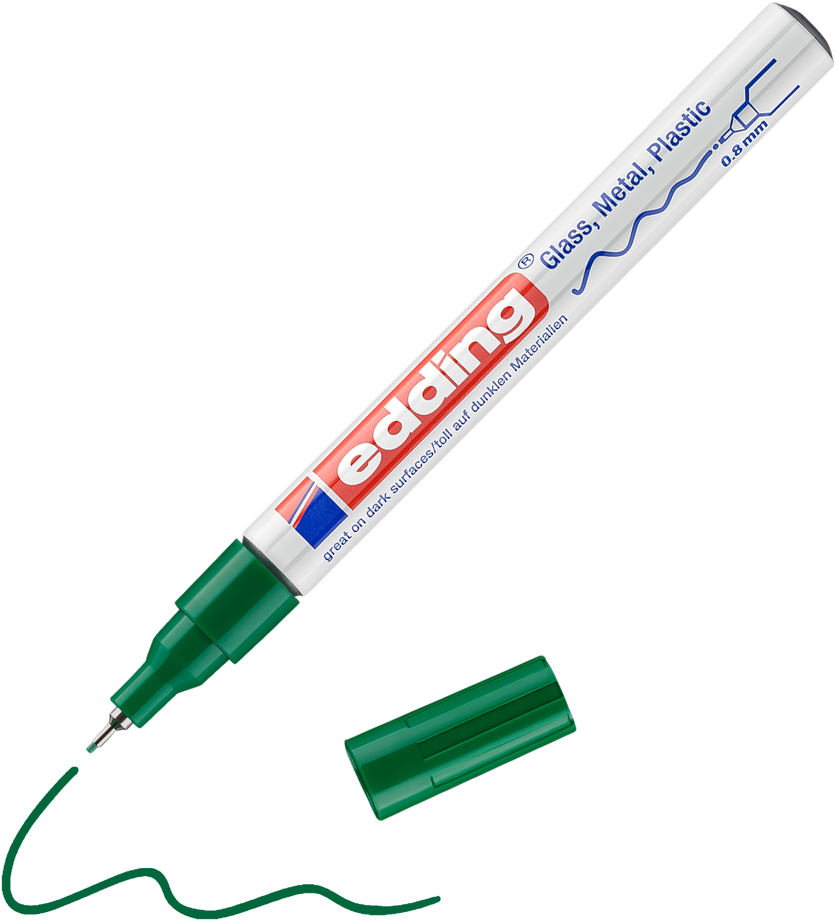 Daneben liegt ein abgenommener Glanzlackmarker edding 780. Er hat eine wellenförmige grüne Linie gezeichnet, und auf dem Etikett steht, dass er ideal für Glas, Metall und Kunststoff ist – perfekt für Hochglanzfarben oder zum Setzen von Highlights in Metallic-Farben.