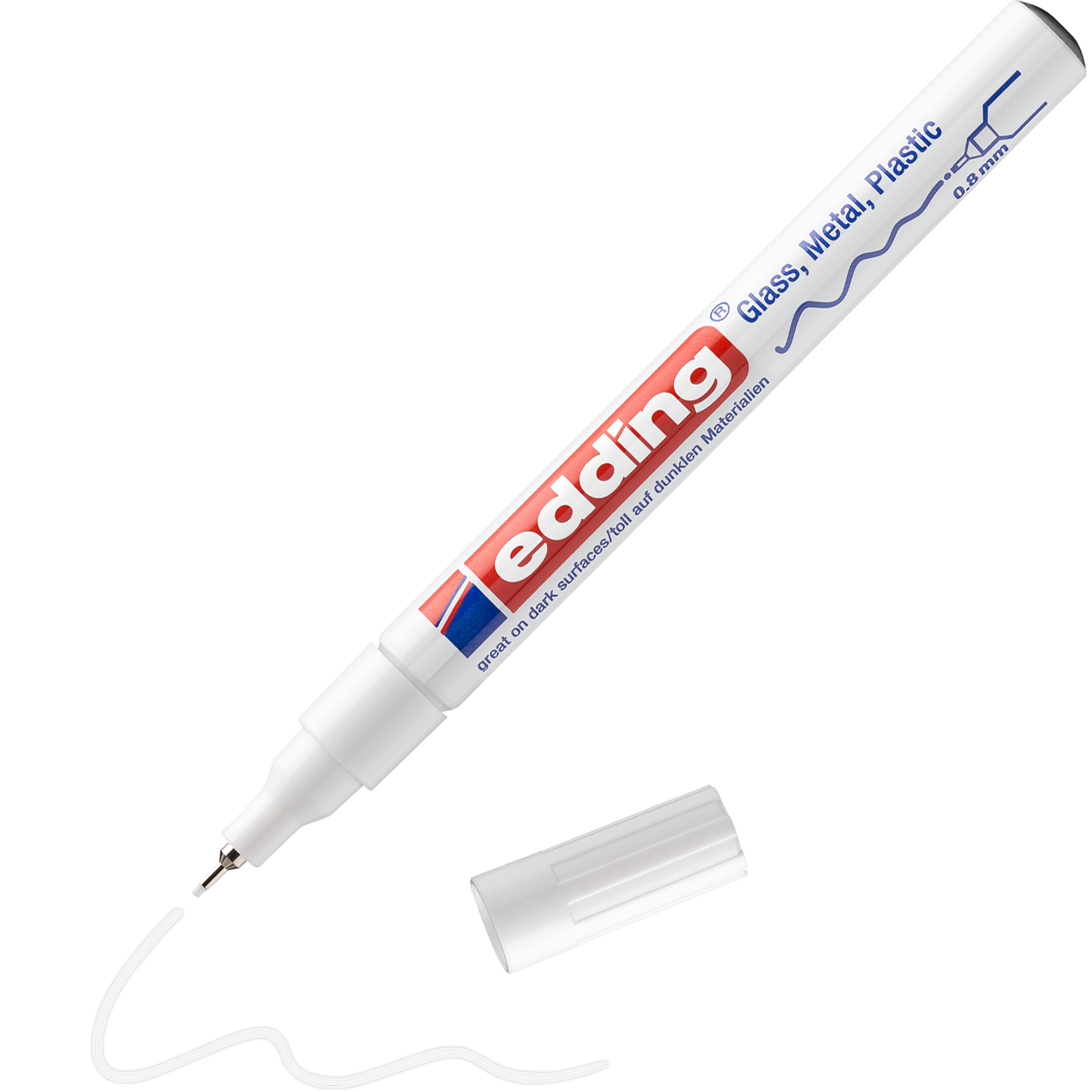 Der edding 780 Glanzlackmarker ist ein weißer Glanzlackmarker mit feiner Spitze von edding, ideal für kreatives Zeichnen auf Glas, Metall und Kunststoff. Abgebildet ohne Kappe neben einer fließenden weißen Linie.